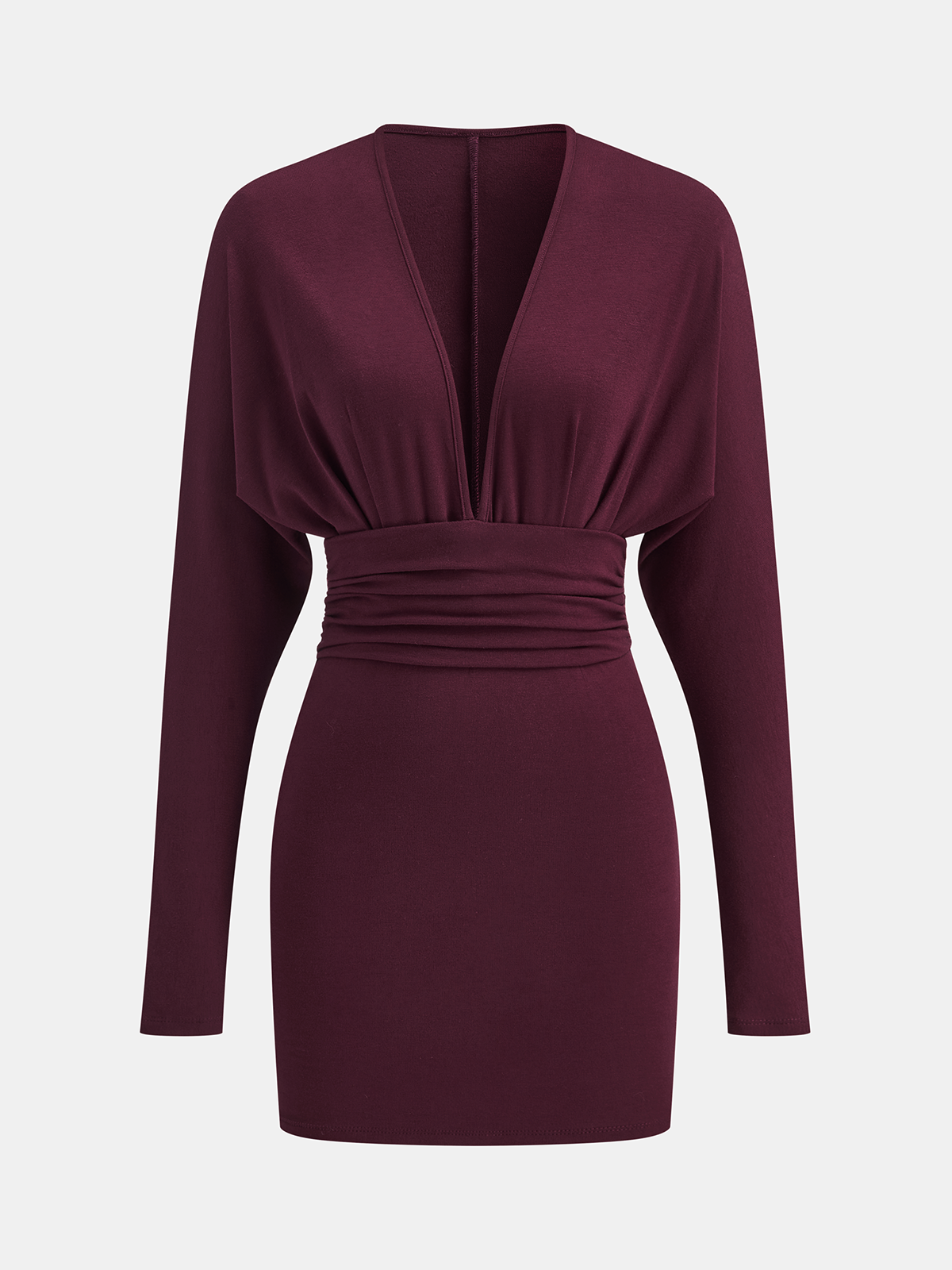 Deep V-Neck Ruched Long-Sleeve Mini Dress-Chicvia