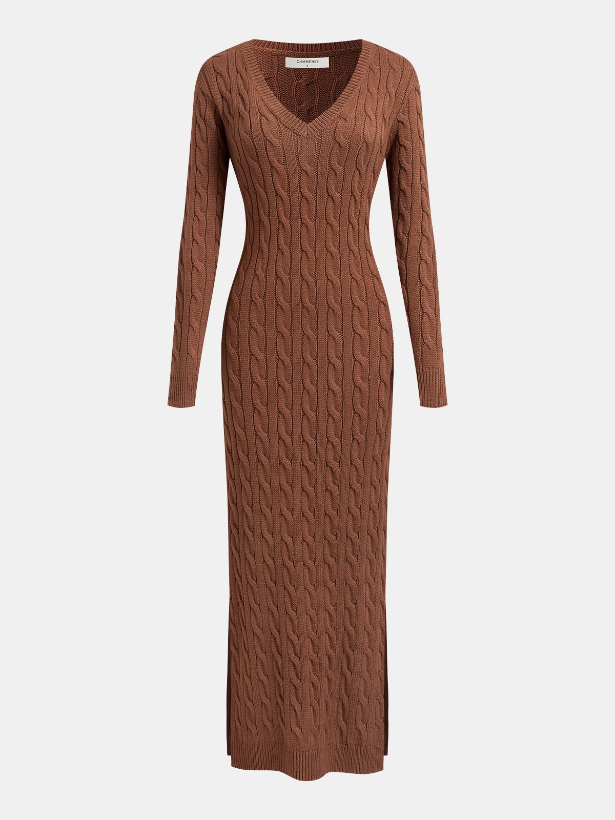 Cable-Knit V-Neck Maxi Sweater Dress-Chicvia