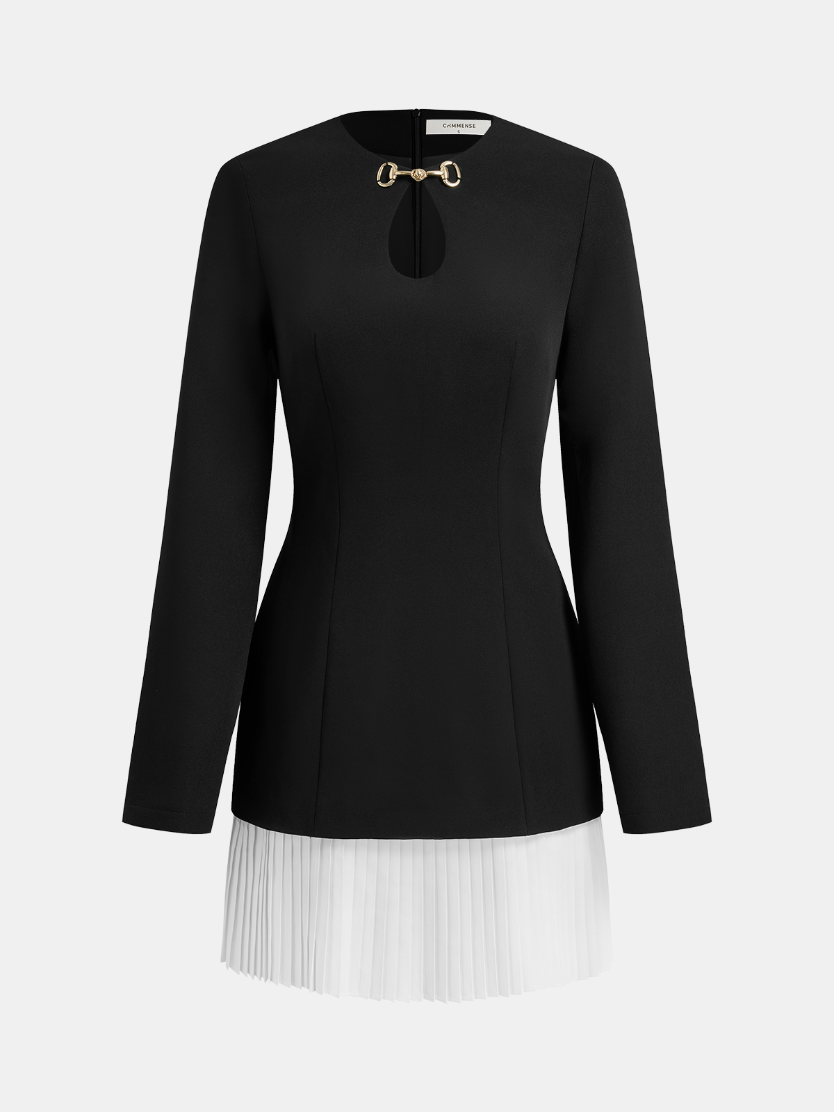 Metal-Buckle Cutout Contrast-Pleat Dress-Chicvia