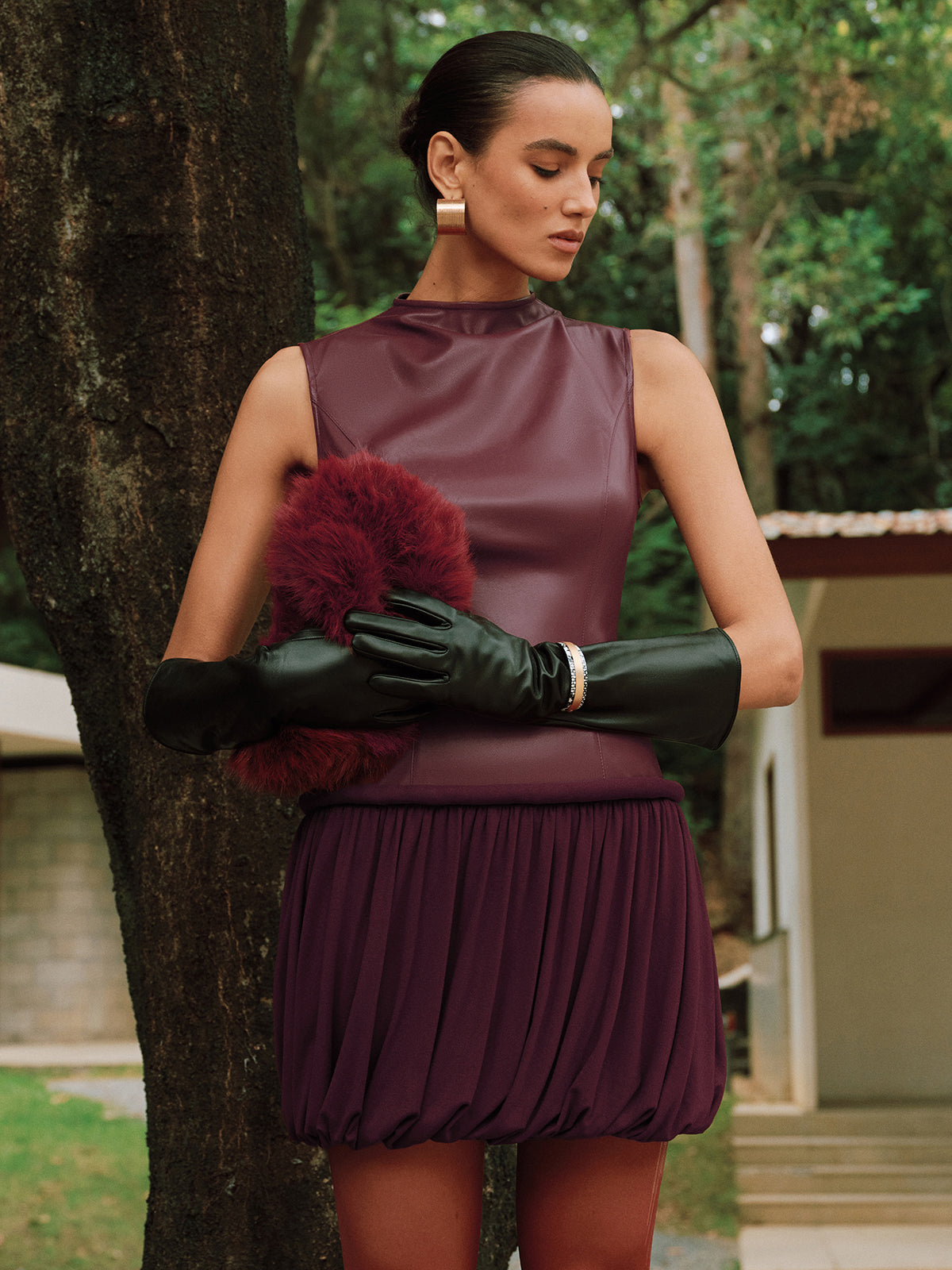 Faux Leather Mock Neck Bubble Mini Dress-Chicvia