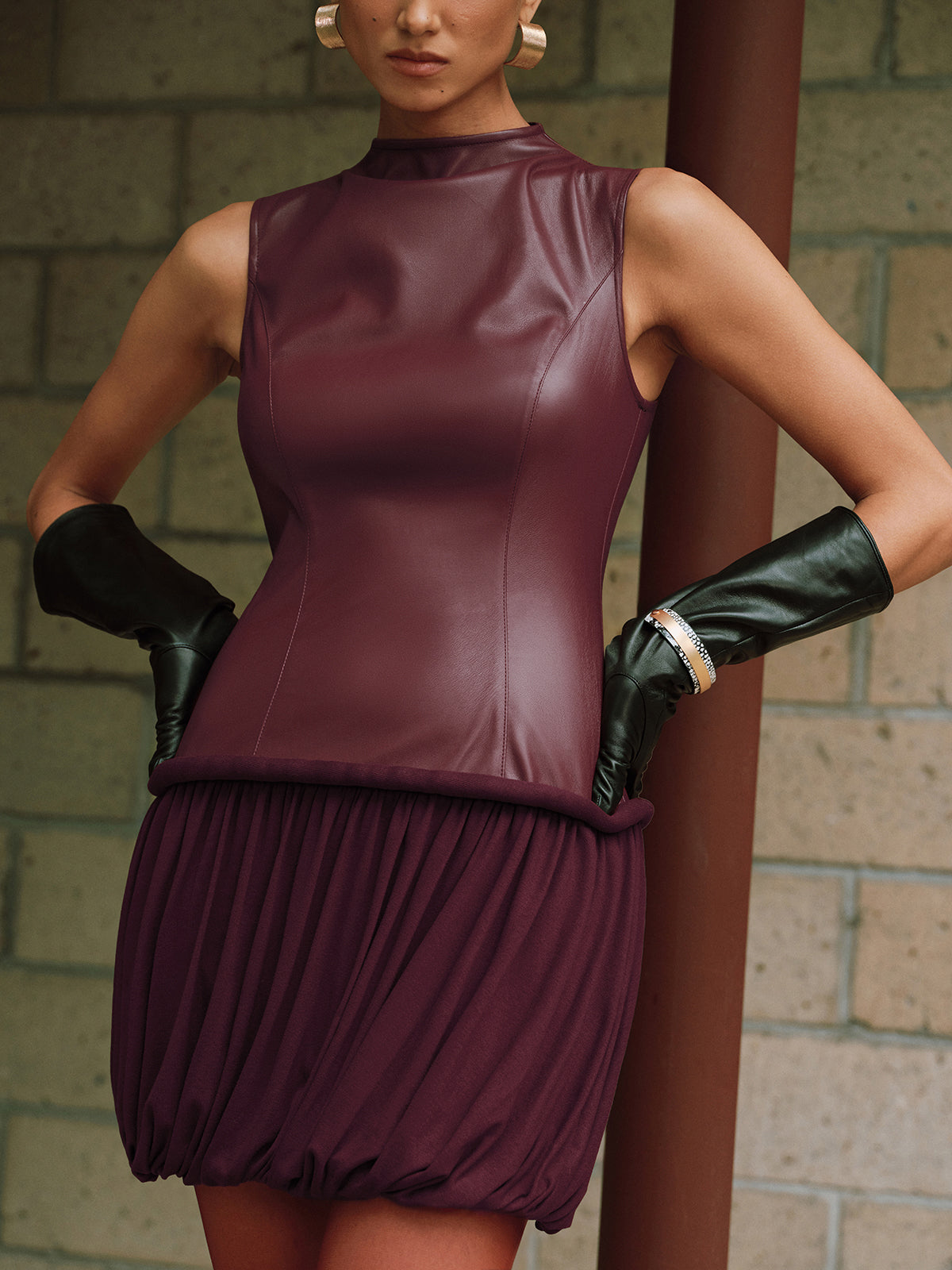 Faux Leather Mock Neck Bubble Mini Dress-Chicvia