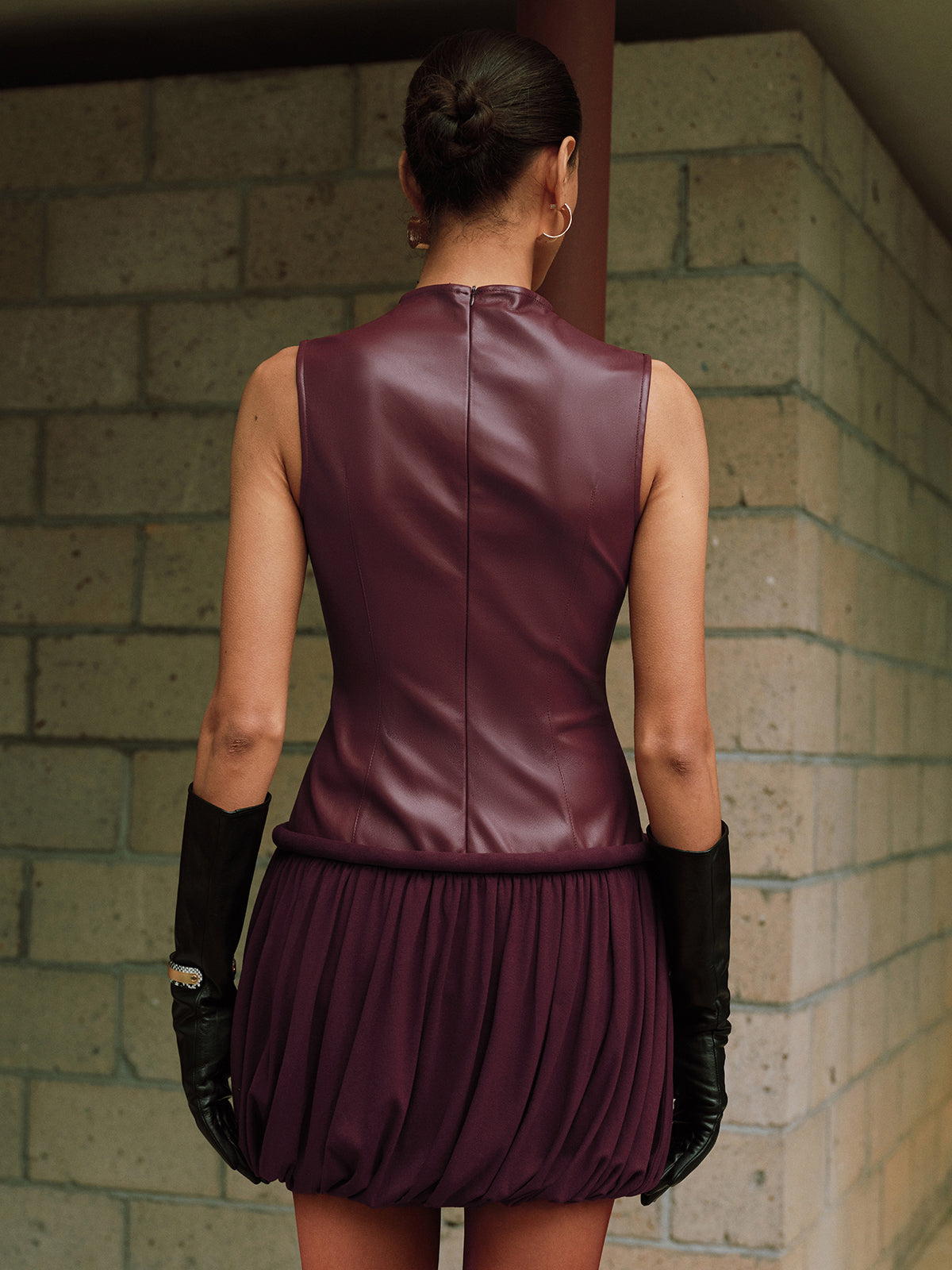 Faux Leather Mock Neck Bubble Mini Dress-Chicvia