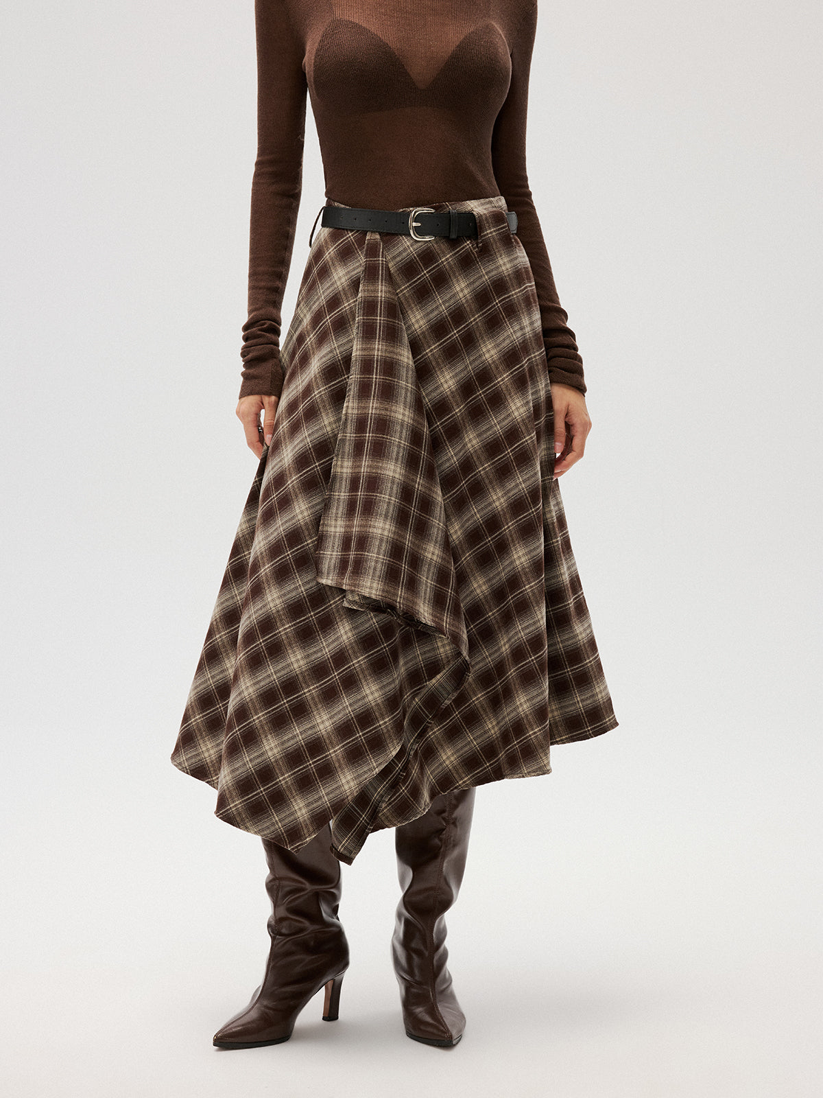 Cotton-Blend Plaid Asymmetric Maxi Skirt without Belt-Chicvia