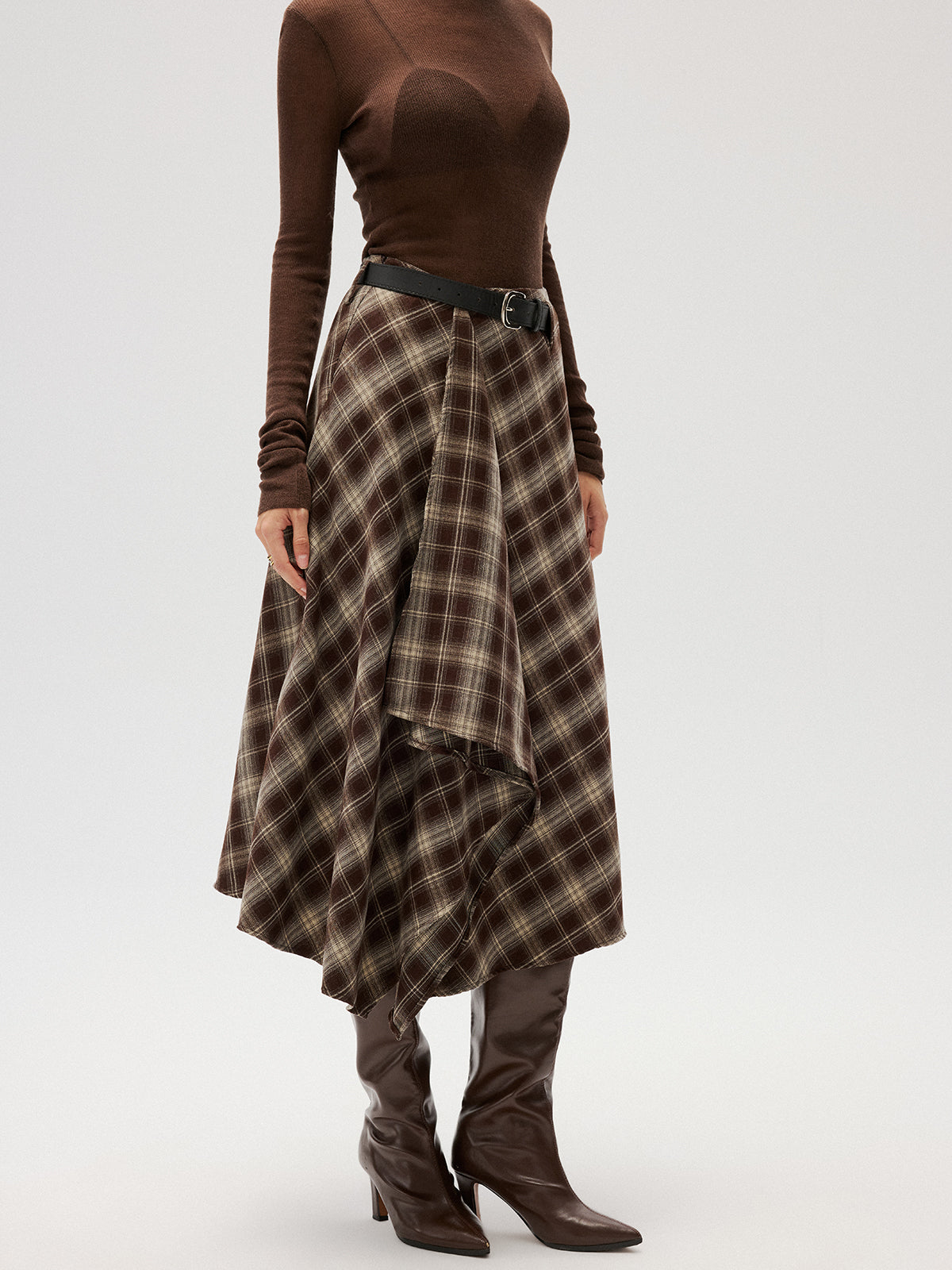 Cotton-Blend Plaid Asymmetric Maxi Skirt without Belt-Chicvia