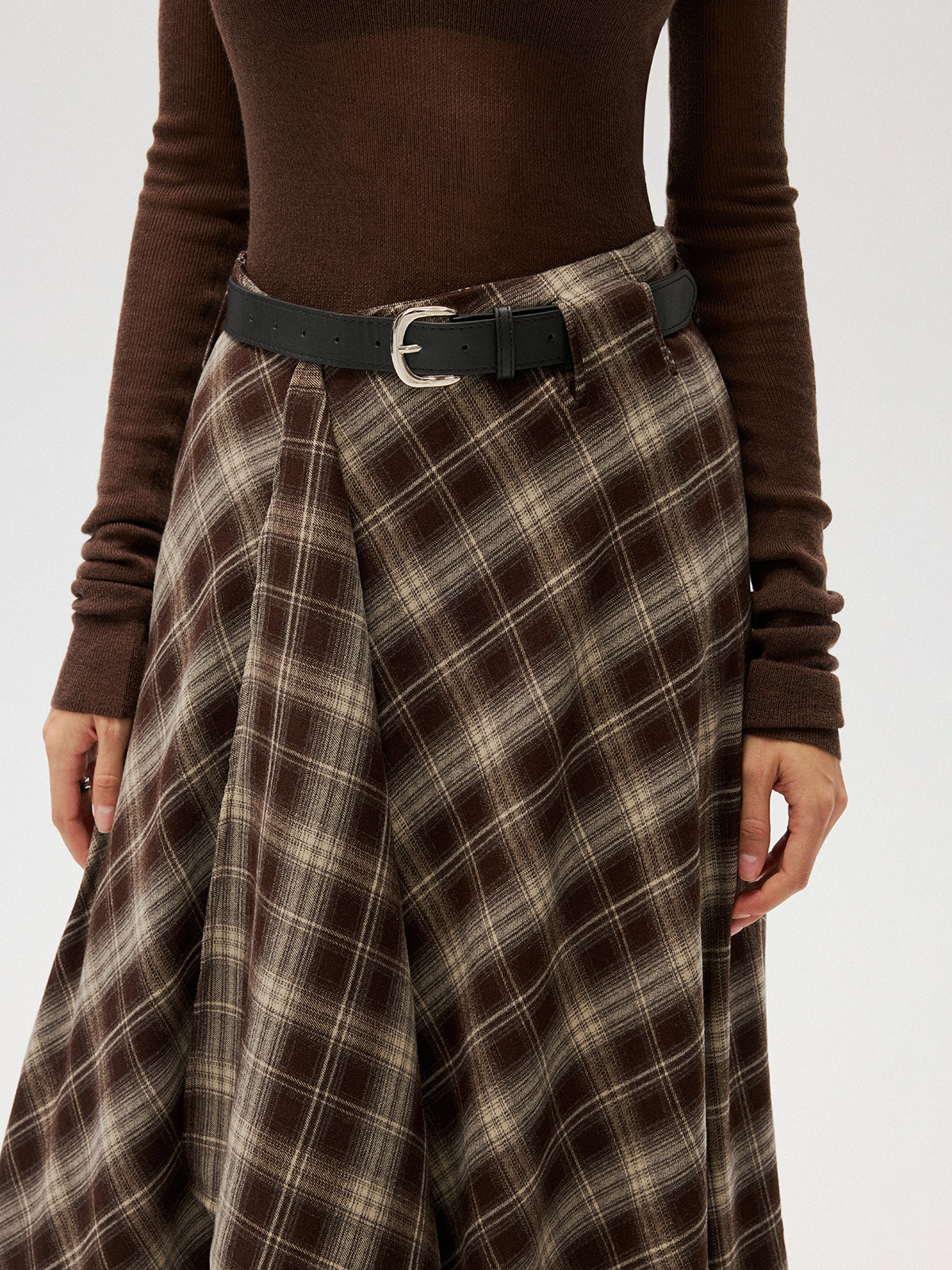 Cotton-Blend Plaid Asymmetric Maxi Skirt without Belt-Chicvia