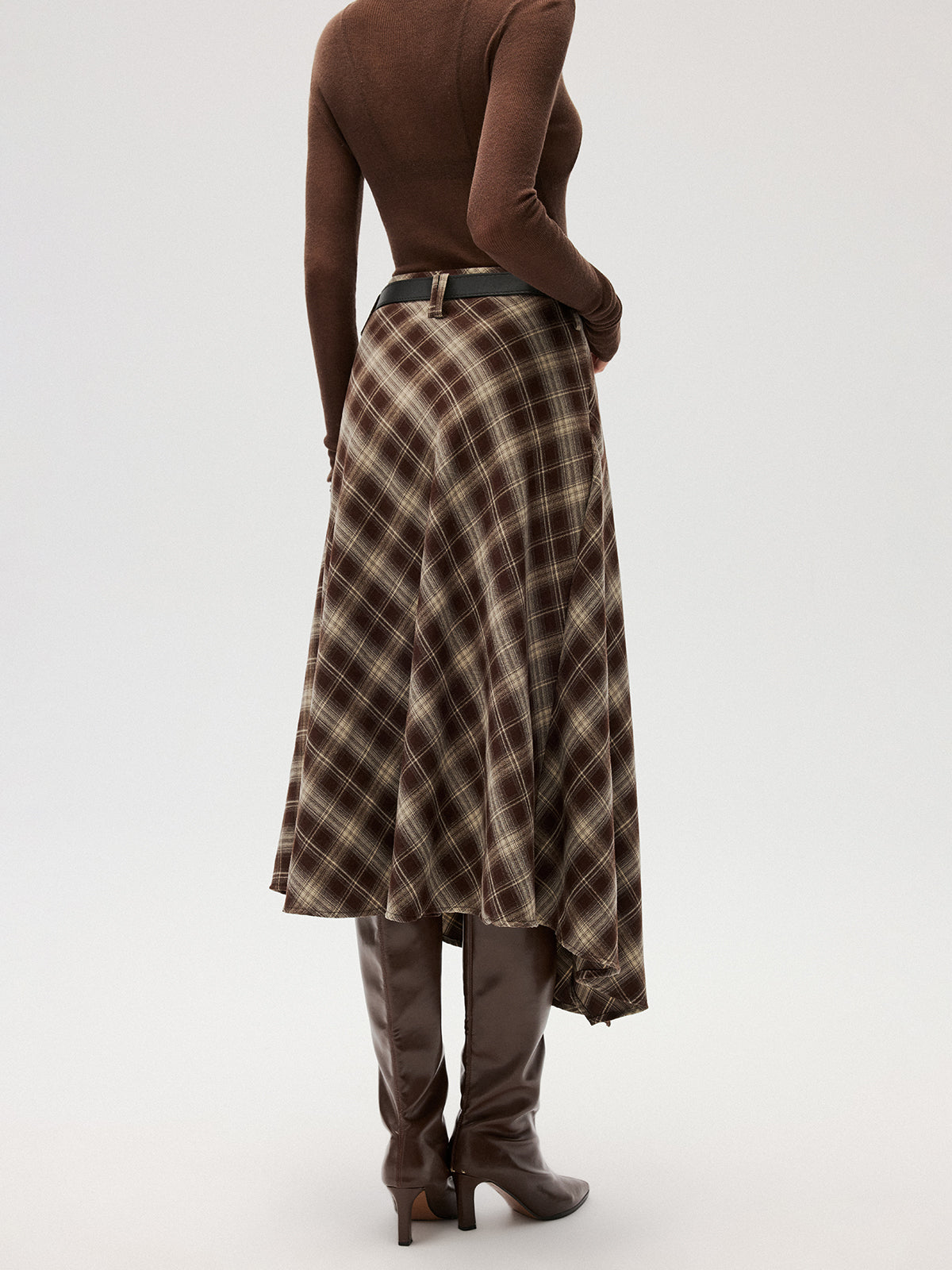 Cotton-Blend Plaid Asymmetric Maxi Skirt without Belt-Chicvia