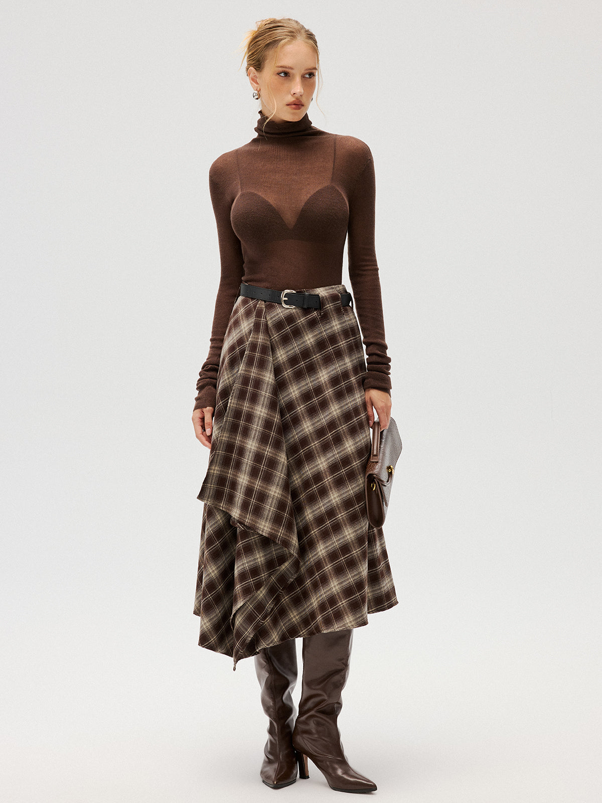 Cotton-Blend Plaid Asymmetric Maxi Skirt without Belt-Chicvia
