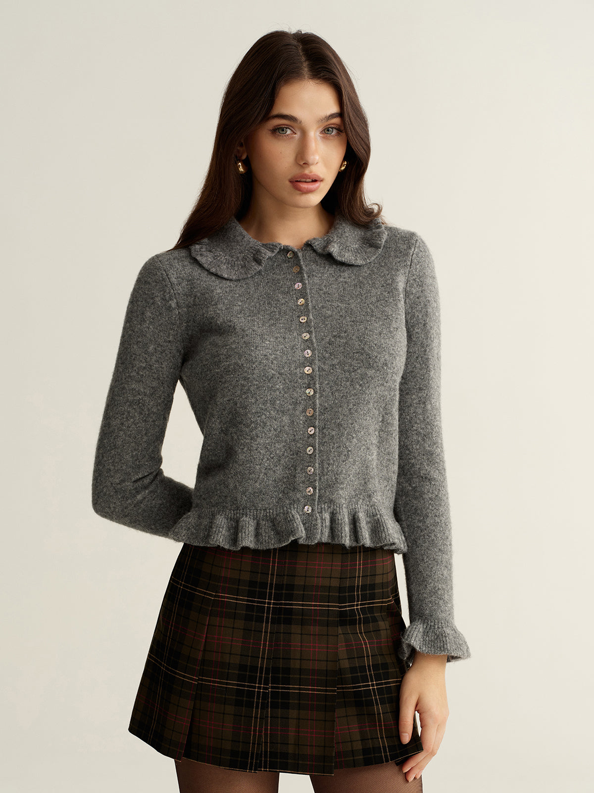 Collared Wool-Blend Ruffled Cardigan-Chicvia