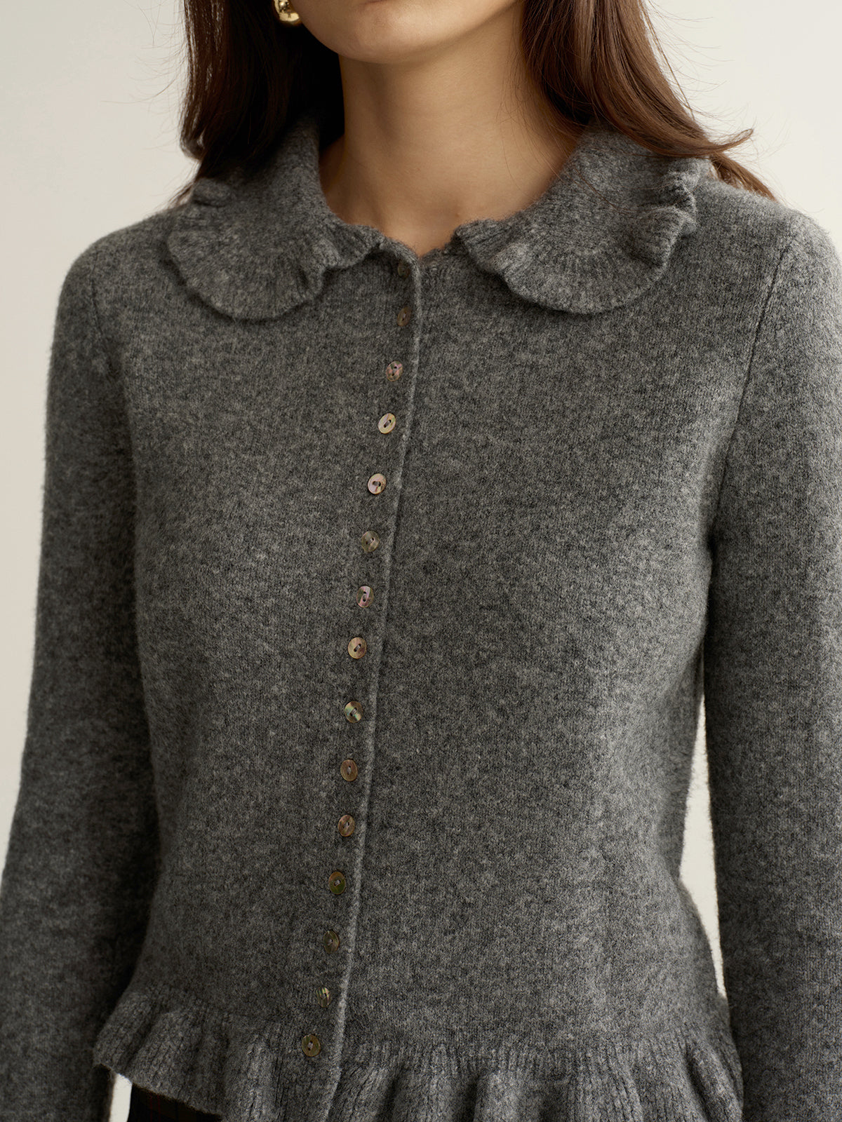 Collared Wool-Blend Ruffled Cardigan-Chicvia