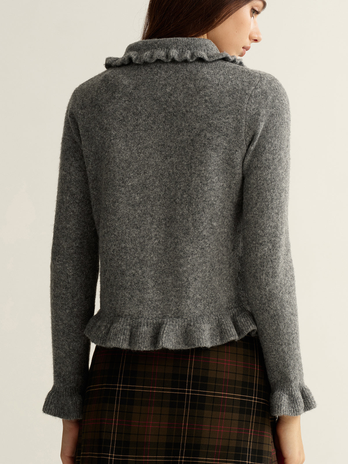 Collared Wool-Blend Ruffled Cardigan-Chicvia