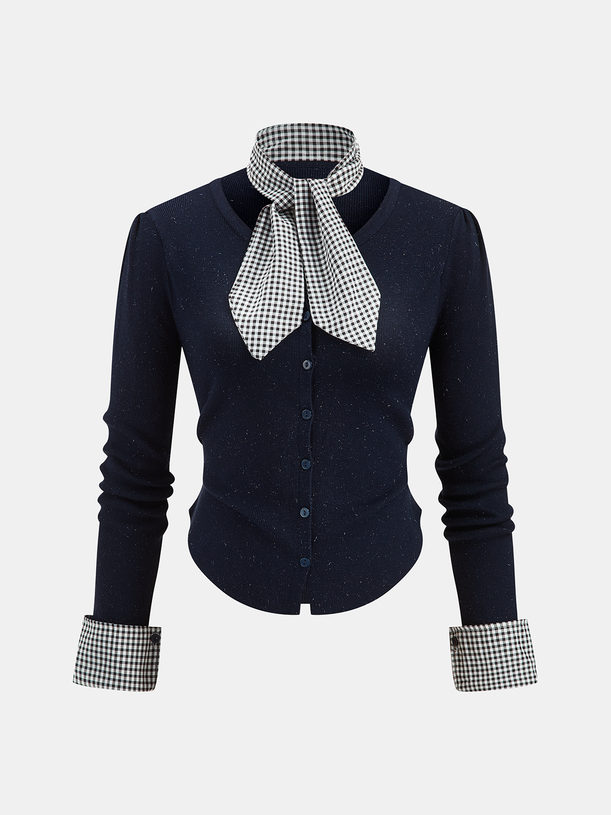 Gingham Cuff Button Front Cardigan with Scarf-Chicvia