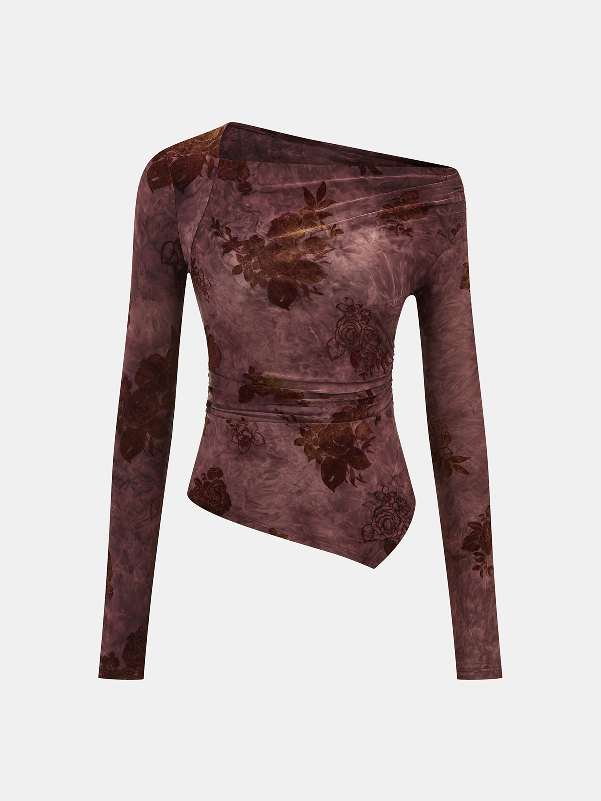 Floral Asymmetric Ruffle Long Sleeve Top-Chicvia