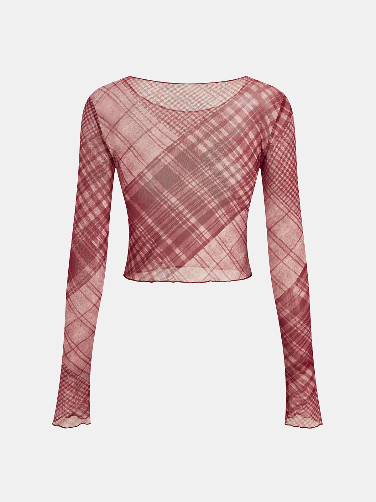 Plaid Sheer Long Sleeve Cropped Top-Chicvia