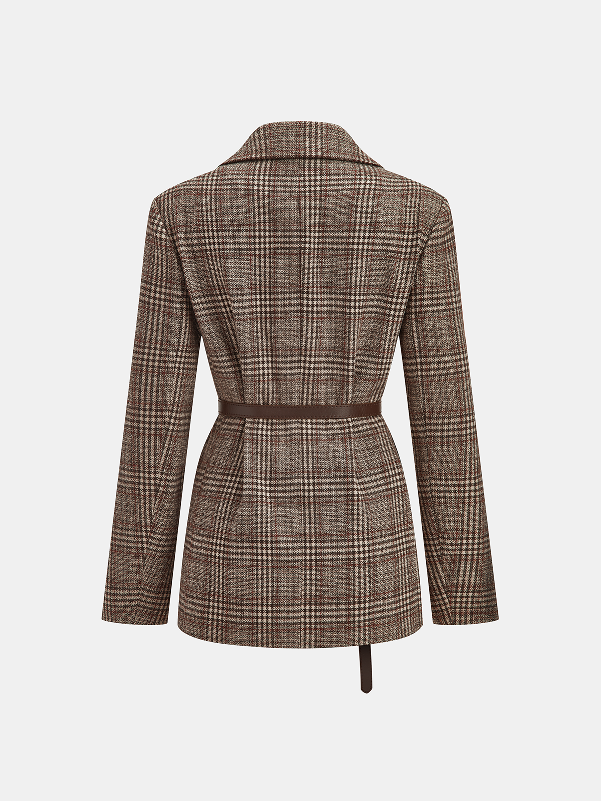 Belted Plaid Tweed Blazer-Chicvia