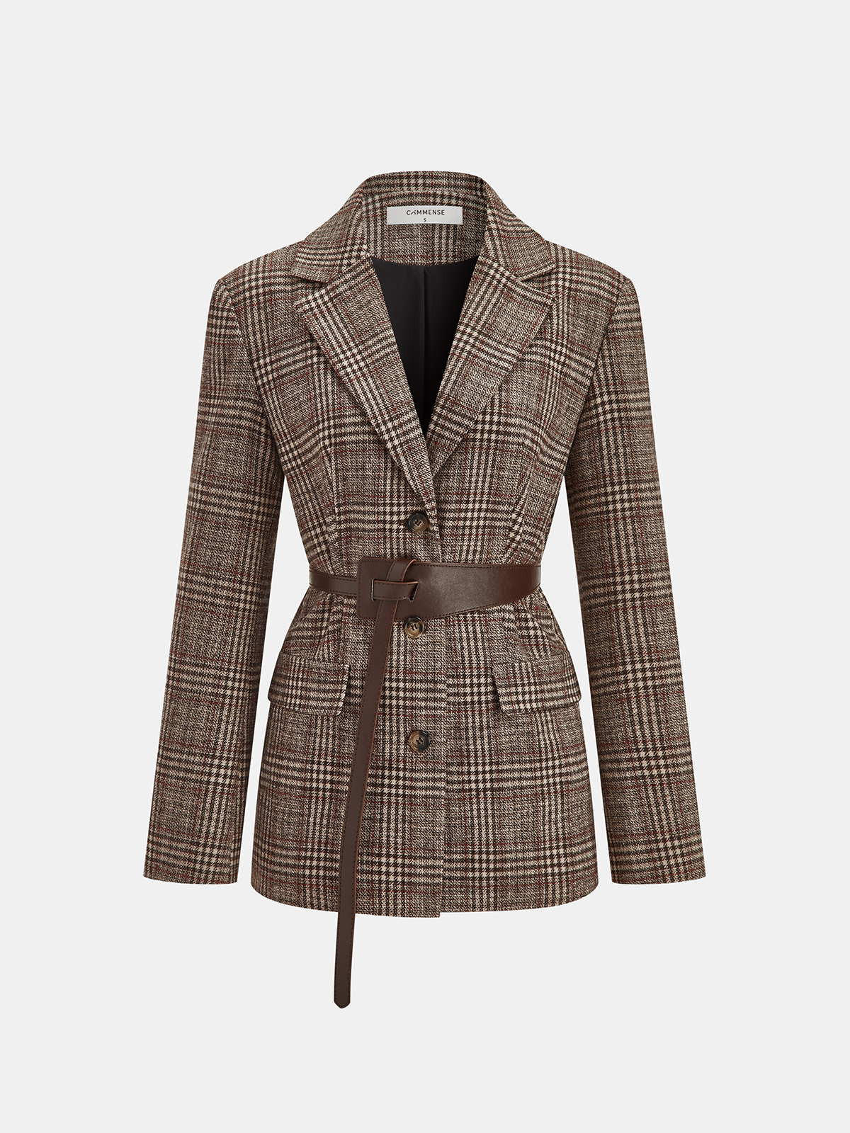 Belted Plaid Tweed Blazer-Chicvia