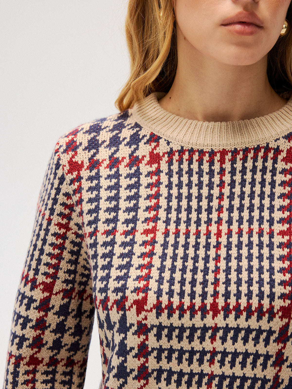 Houndstooth Crew Neck Sweater-Chicvia