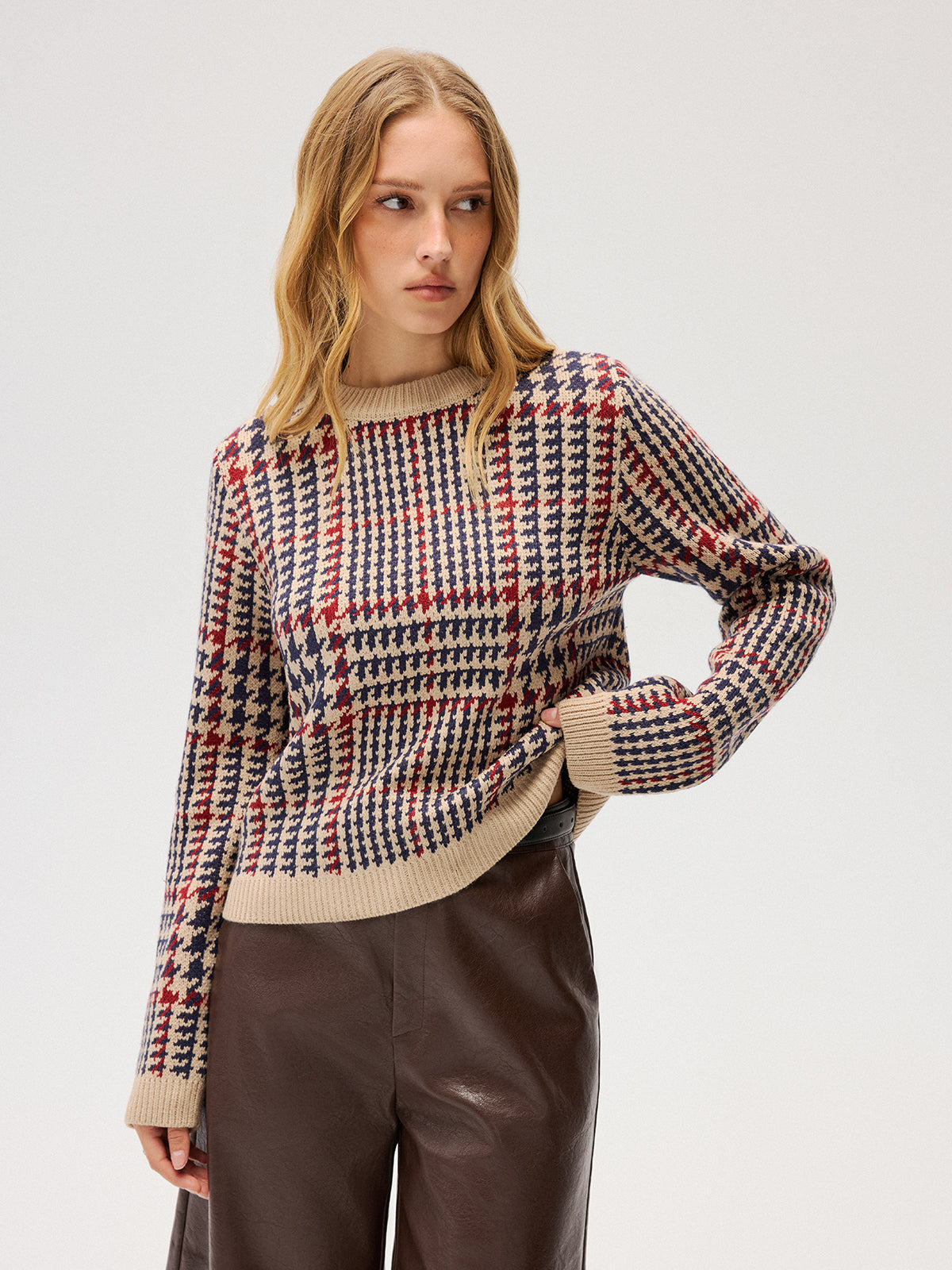 Houndstooth Crew Neck Sweater-Chicvia