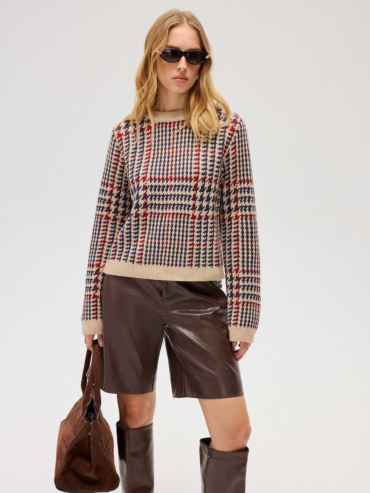 Houndstooth Crew Neck Sweater-Chicvia