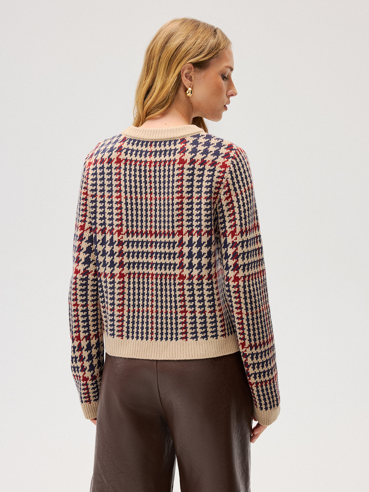 Houndstooth Crew Neck Sweater-Chicvia