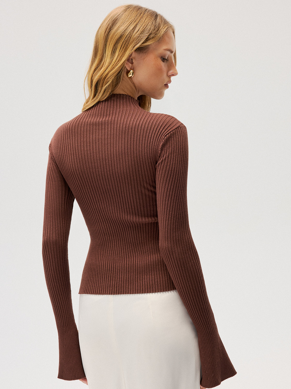 Cut-Out Rib-Knit Mock Neck Top-Chicvia