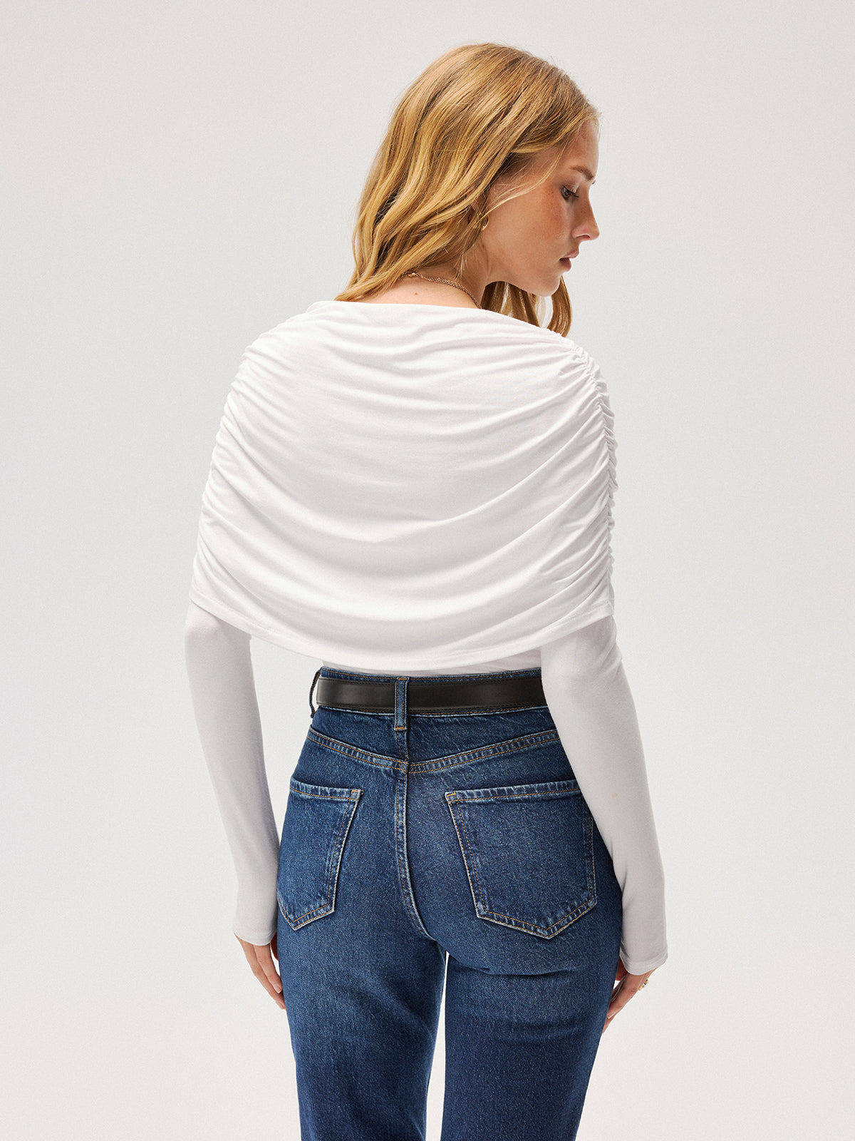 Drape-Shoulder Long-Sleeve Top-Chicvia