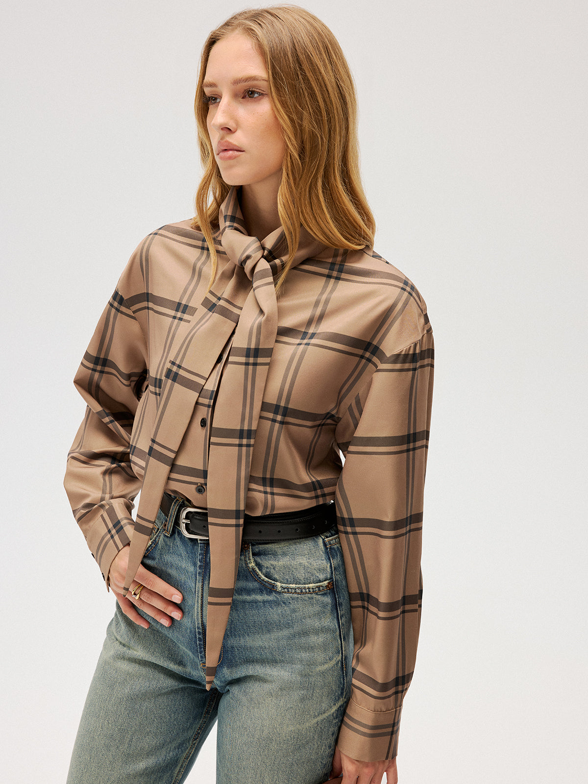 Plaid Tie Neck Shirt-Chicvia