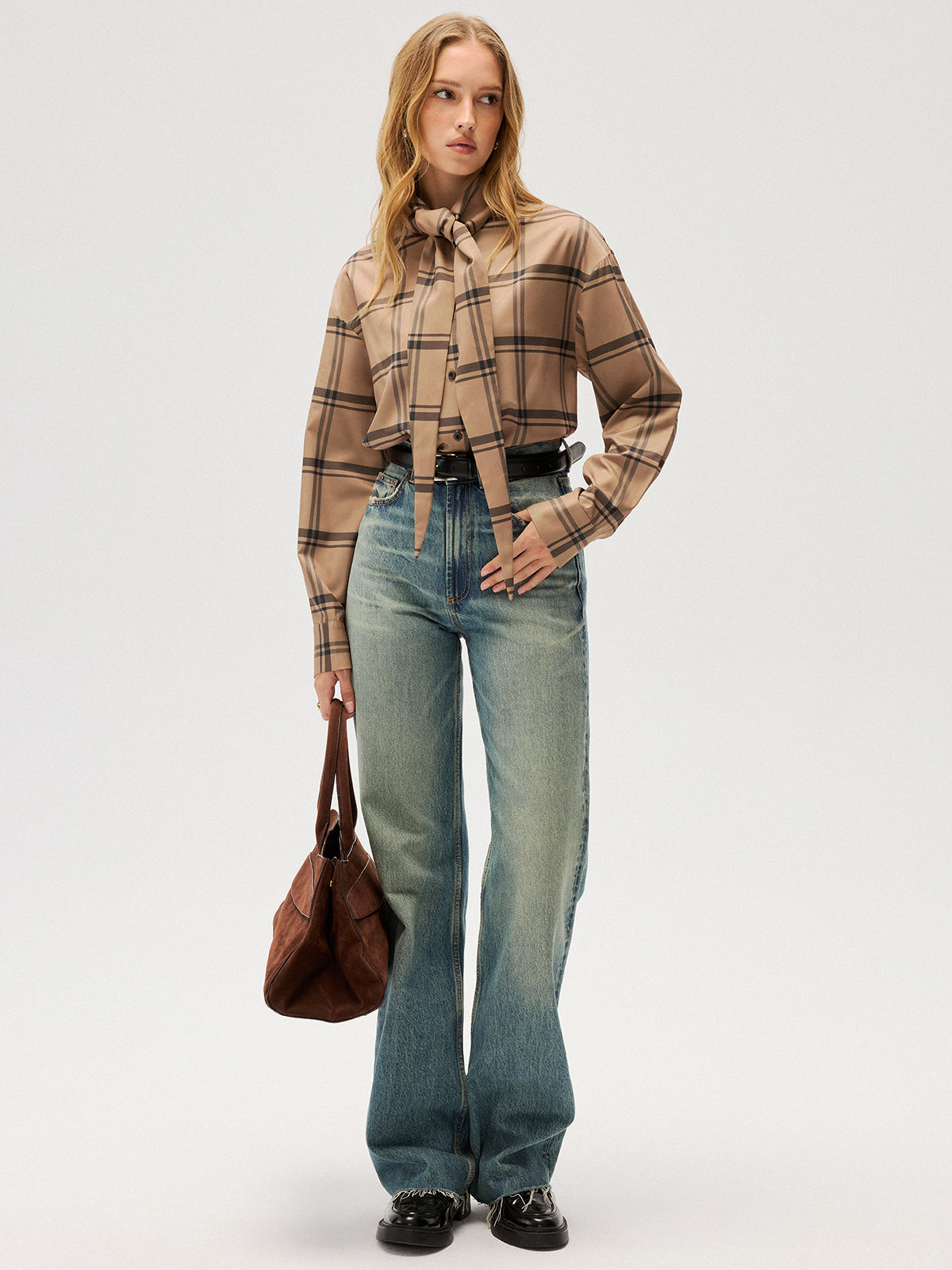 Plaid Tie Neck Shirt-Chicvia