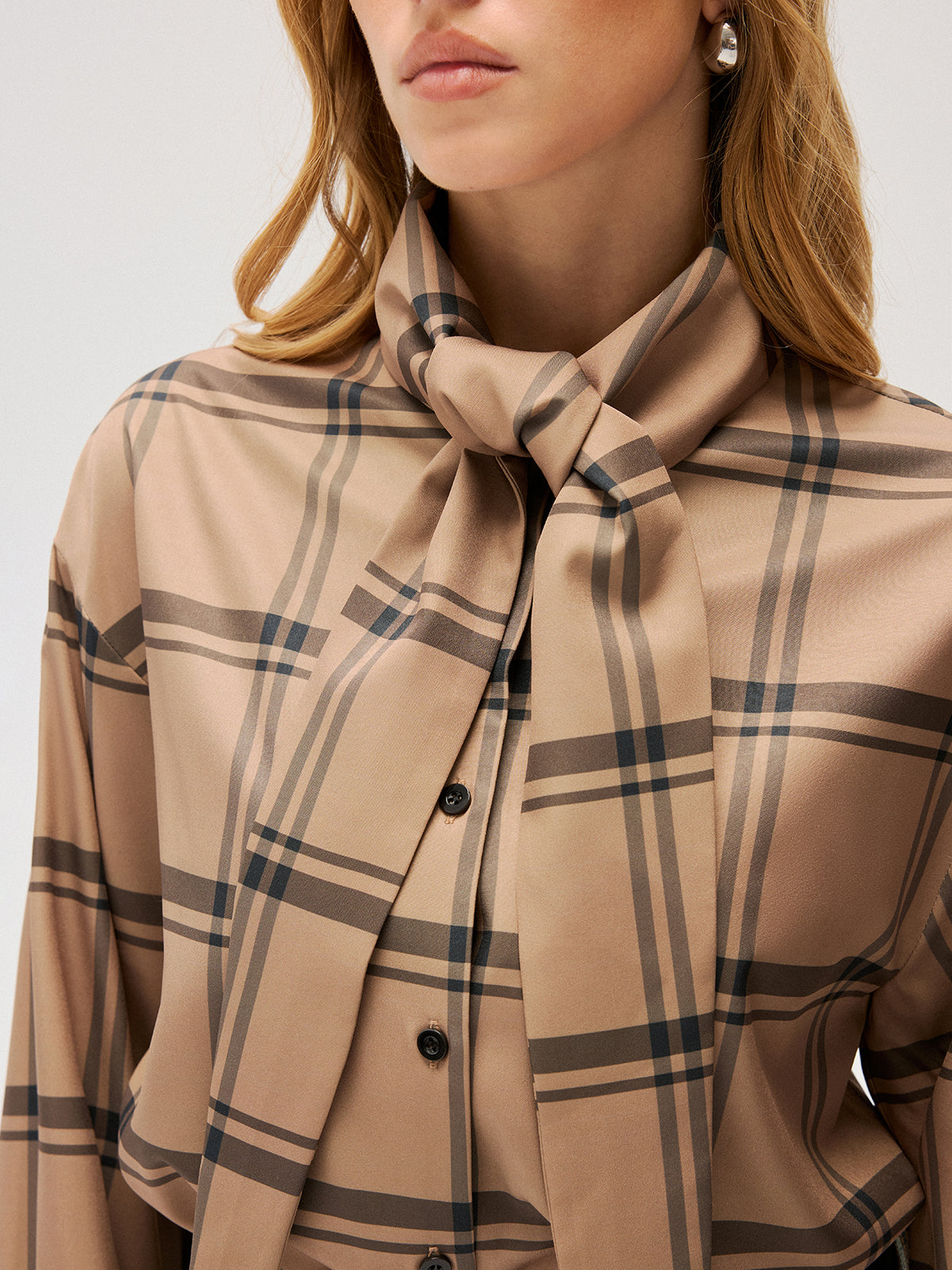 Plaid Tie Neck Shirt-Chicvia