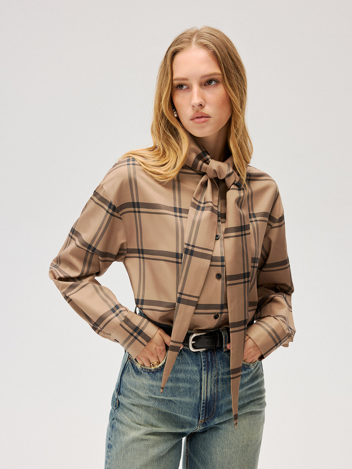 Plaid Tie Neck Shirt-Chicvia