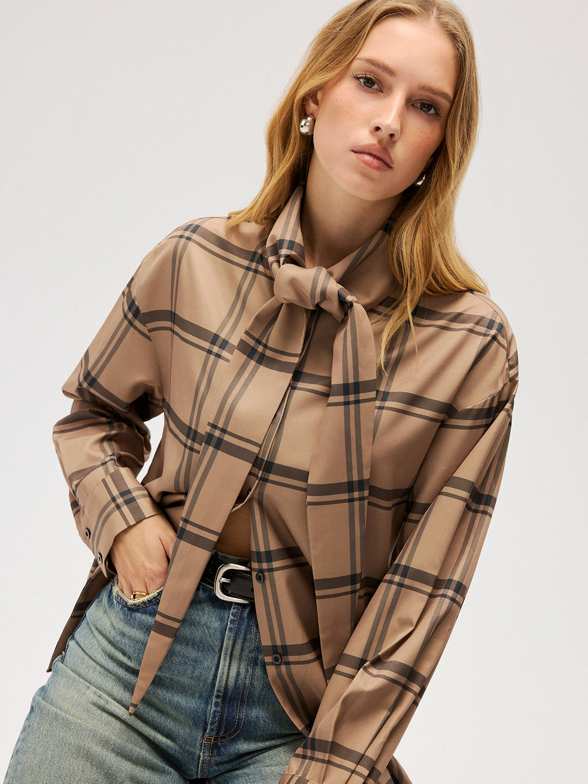 Plaid Tie Neck Shirt-Chicvia