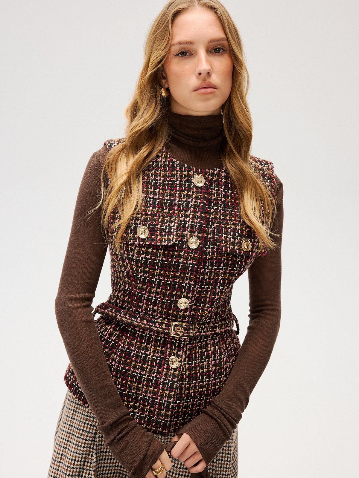 Belted Tweed Sleeveless Vest-Chicvia