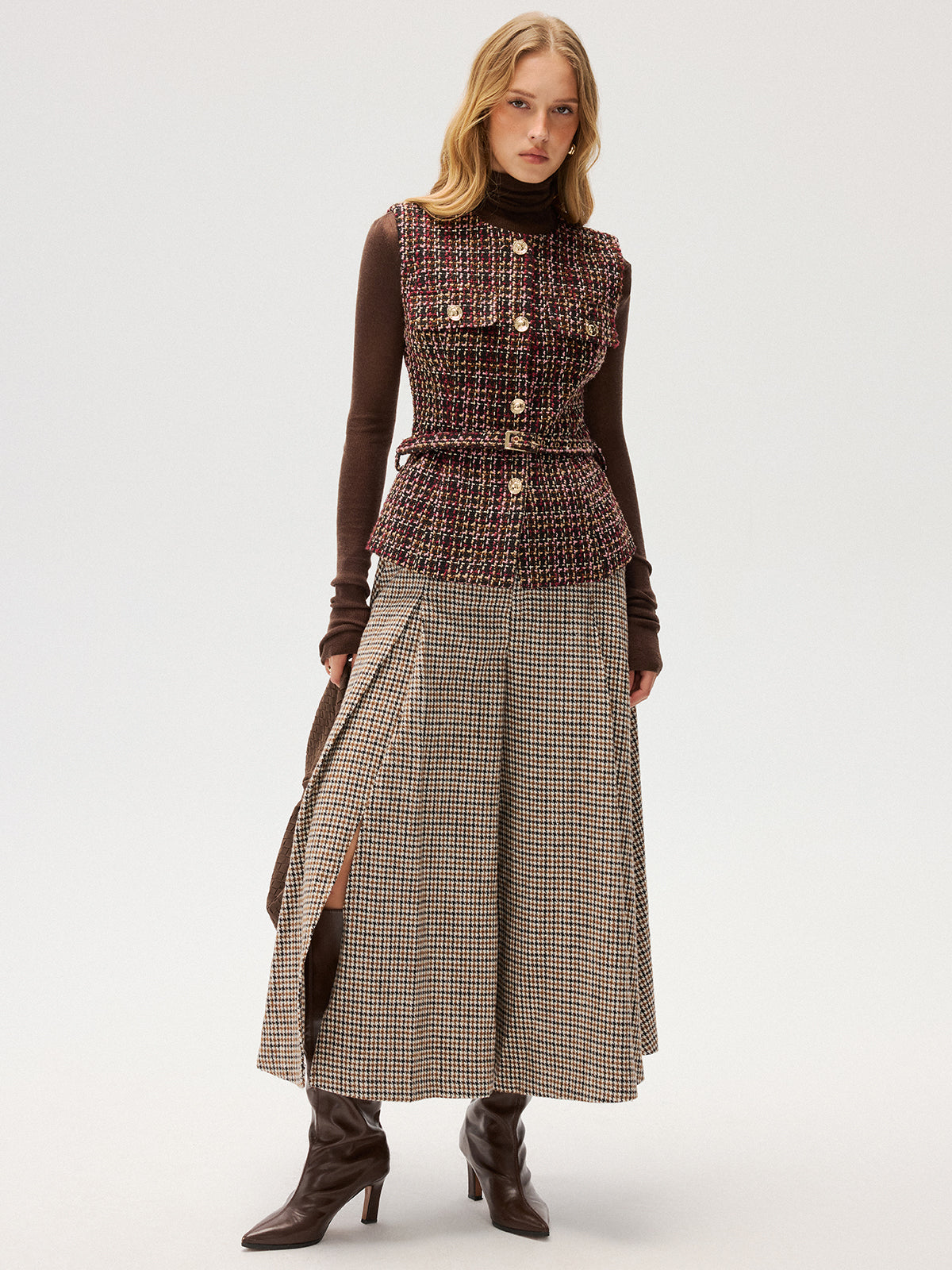 Belted Tweed Sleeveless Vest-Chicvia