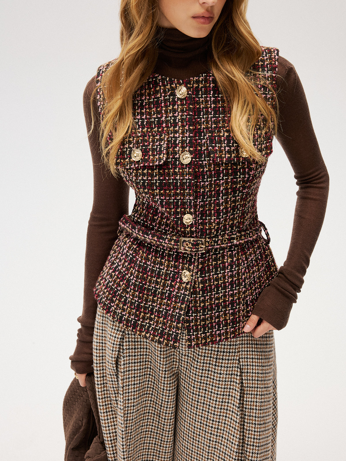 Belted Tweed Sleeveless Vest-Chicvia