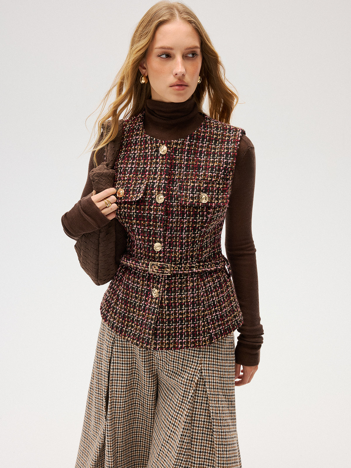 Belted Tweed Sleeveless Vest-Chicvia