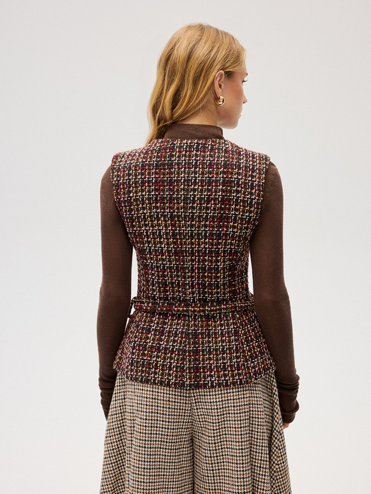 Belted Tweed Sleeveless Vest-Chicvia