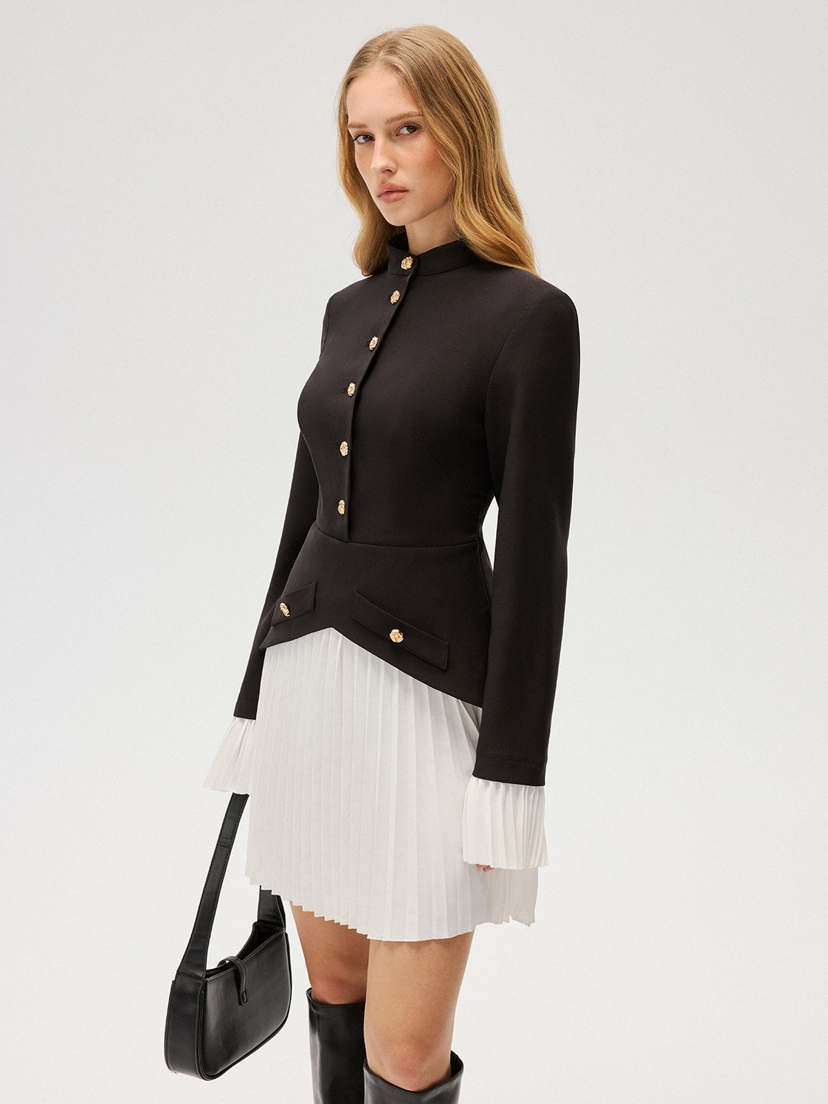 Contrast Pleated Panel Buttoned Mini Dress-Chicvia