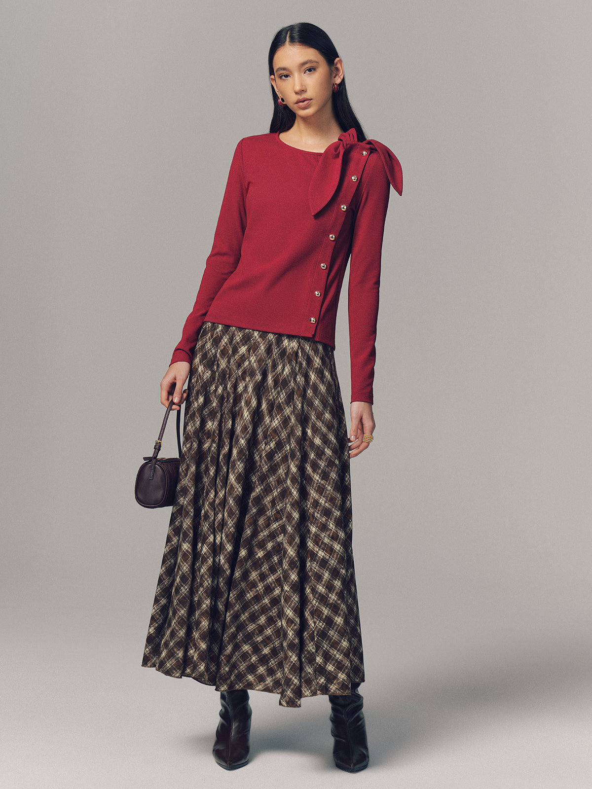 Plaid Pleated Maxi Skirt-Chicvia