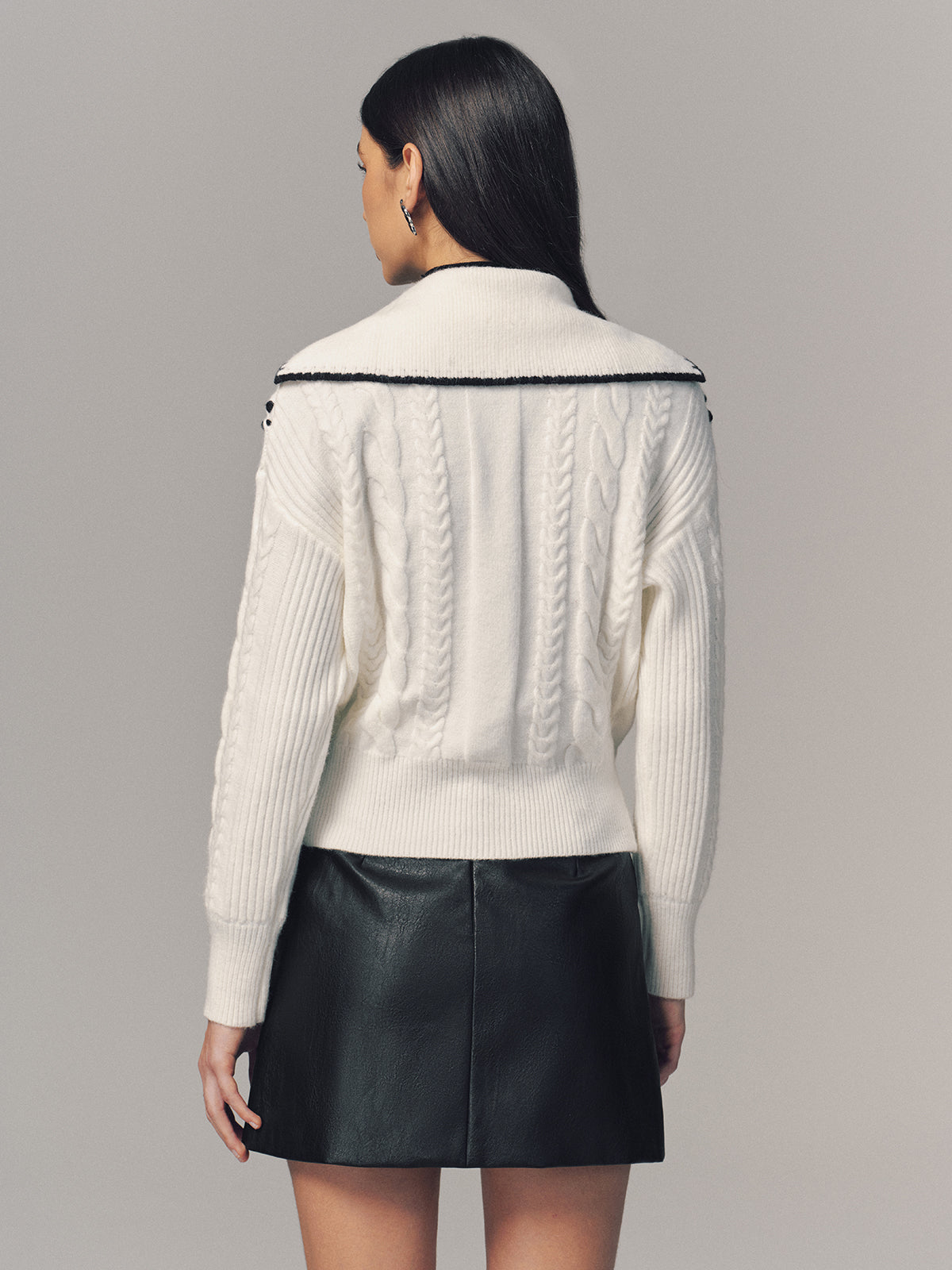 Contrast Trim Cable Knit Zip-Up Cardigan-Chicvia