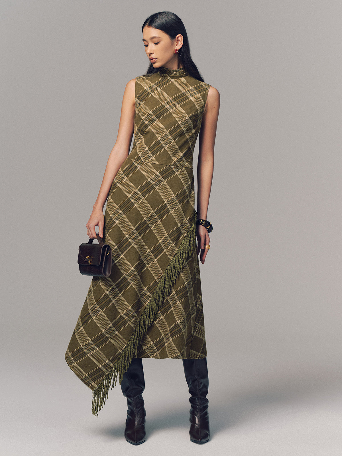 Plaid Fringe Sleeveless Cotton Maxi Dress-Chicvia