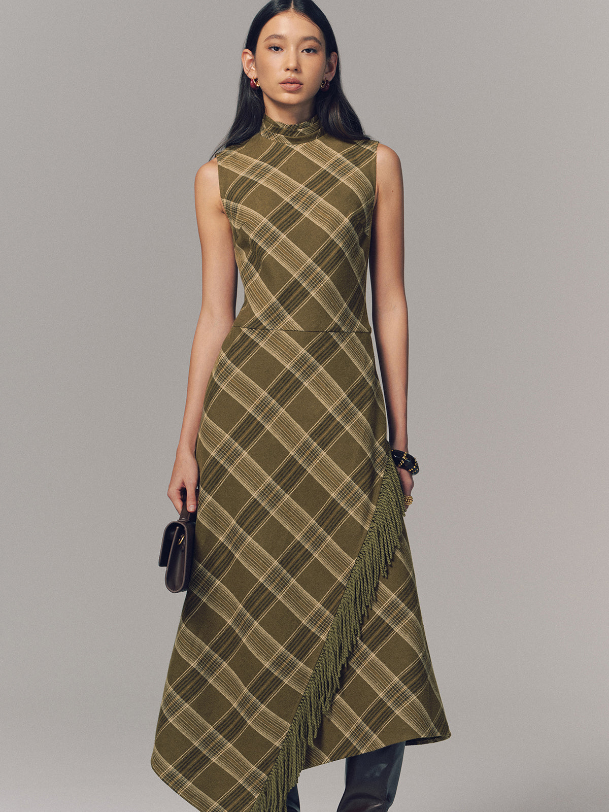 Plaid Fringe Sleeveless Cotton Maxi Dress-Chicvia