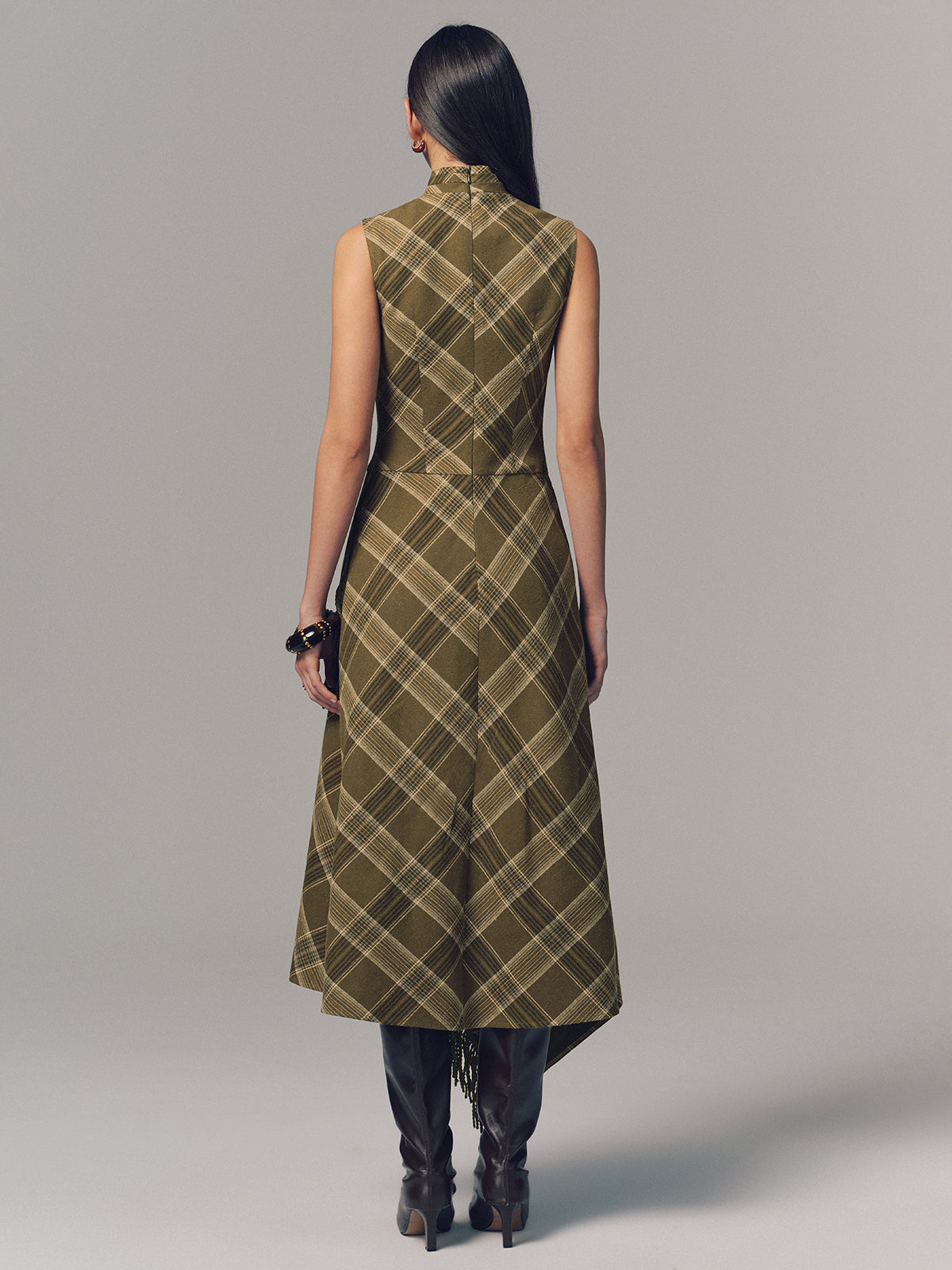 Plaid Fringe Sleeveless Cotton Maxi Dress-Chicvia