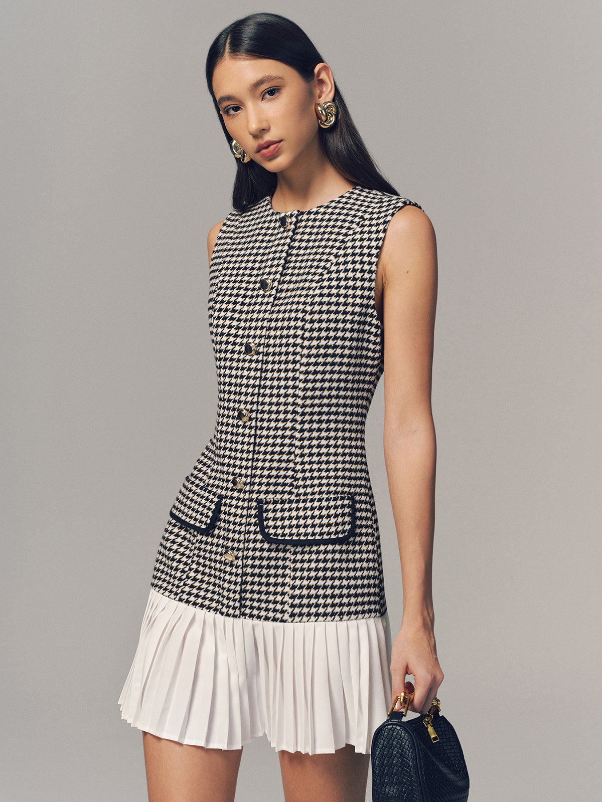 Houndstooth Sleeveless Pleated Hem Mini Dress-Chicvia