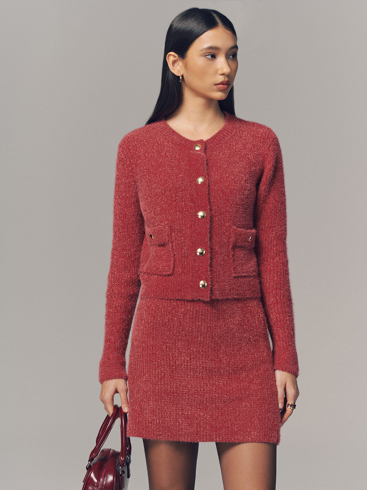 Metal Detail Cardigan & Mini Skirt Set-Chicvia