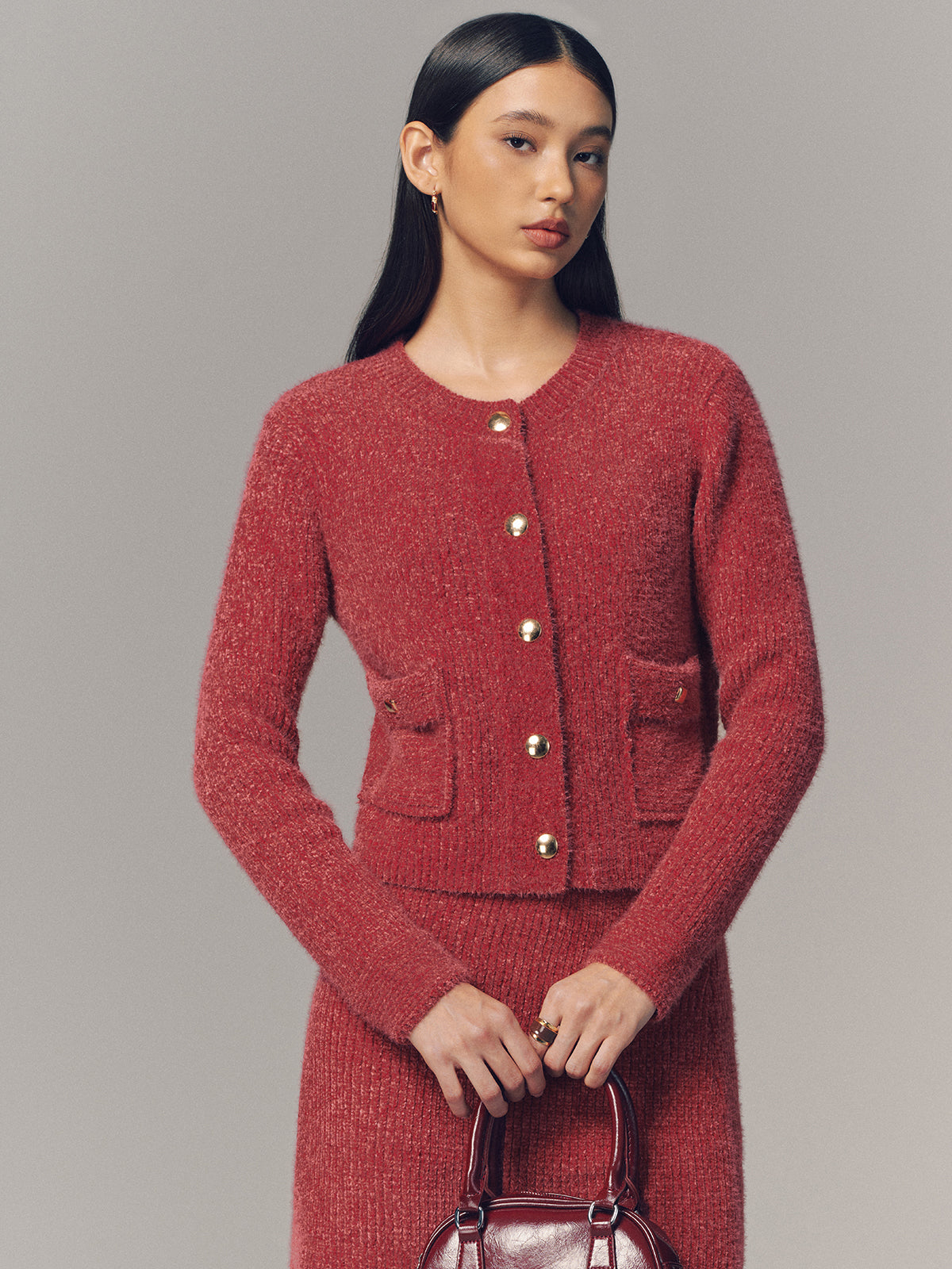 Metal Detail Cardigan & Mini Skirt Set-Chicvia