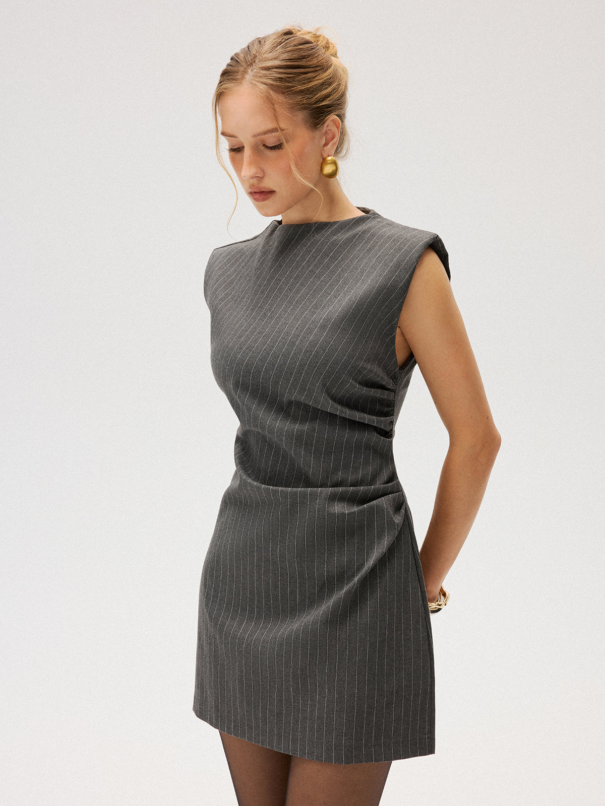 Pinstripe Sleeveless Ruched Mini Dress-Chicvia