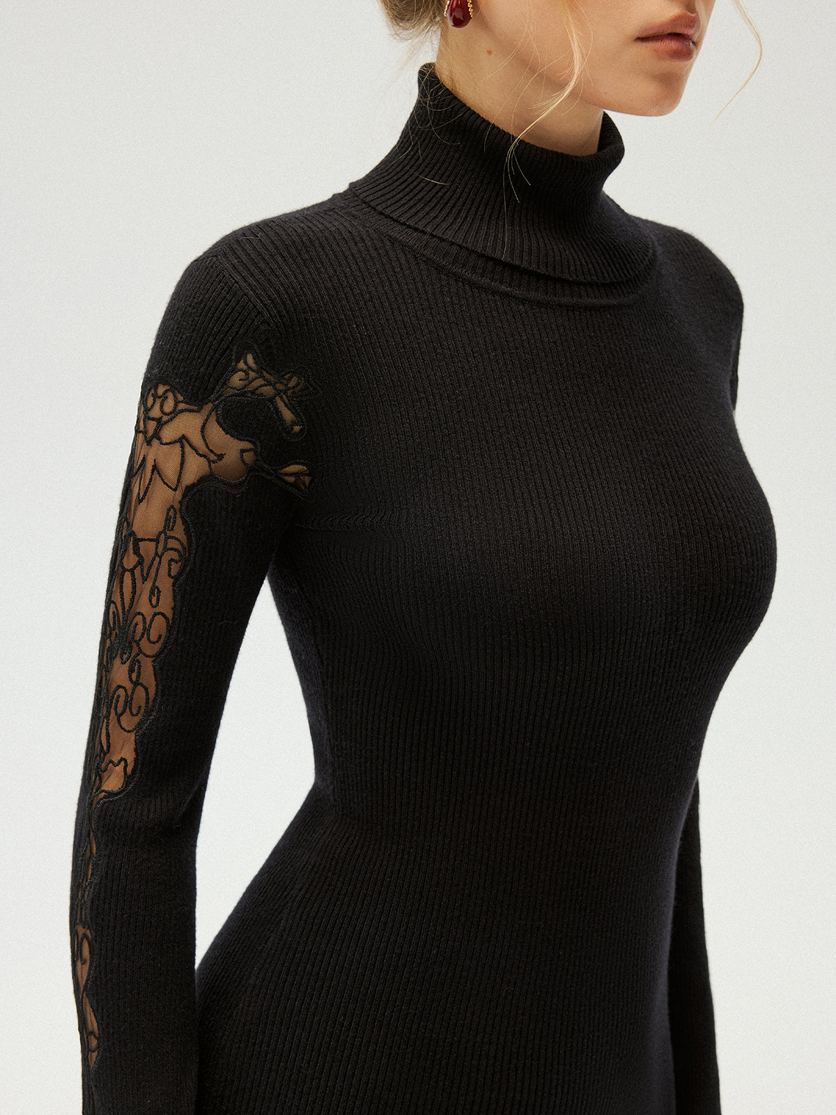 Lace Panel Turtleneck Ribbed Knit Top-Chicvia