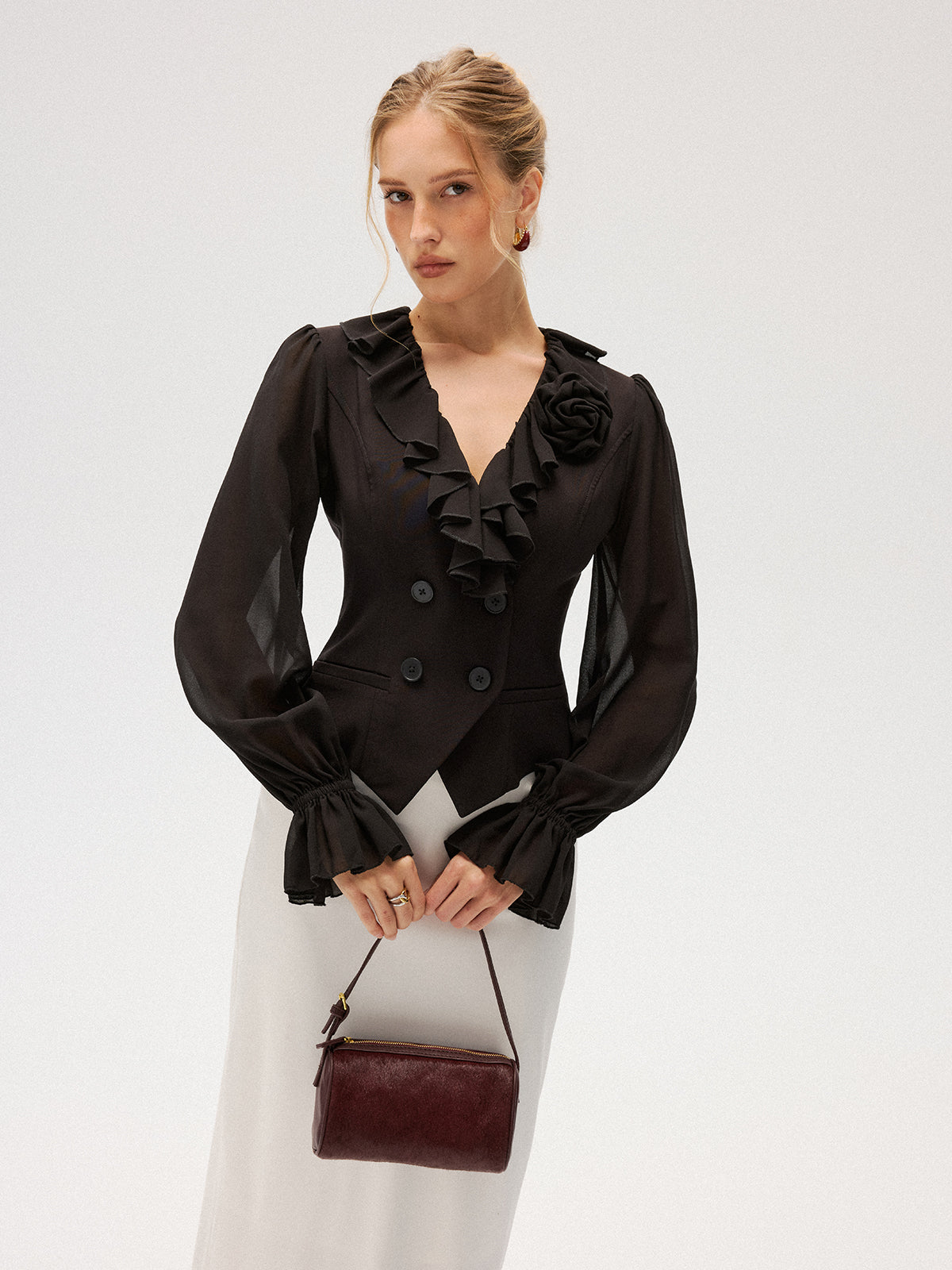 Chiffon Ruffle Rose Double-Breasted Blouse-Chicvia