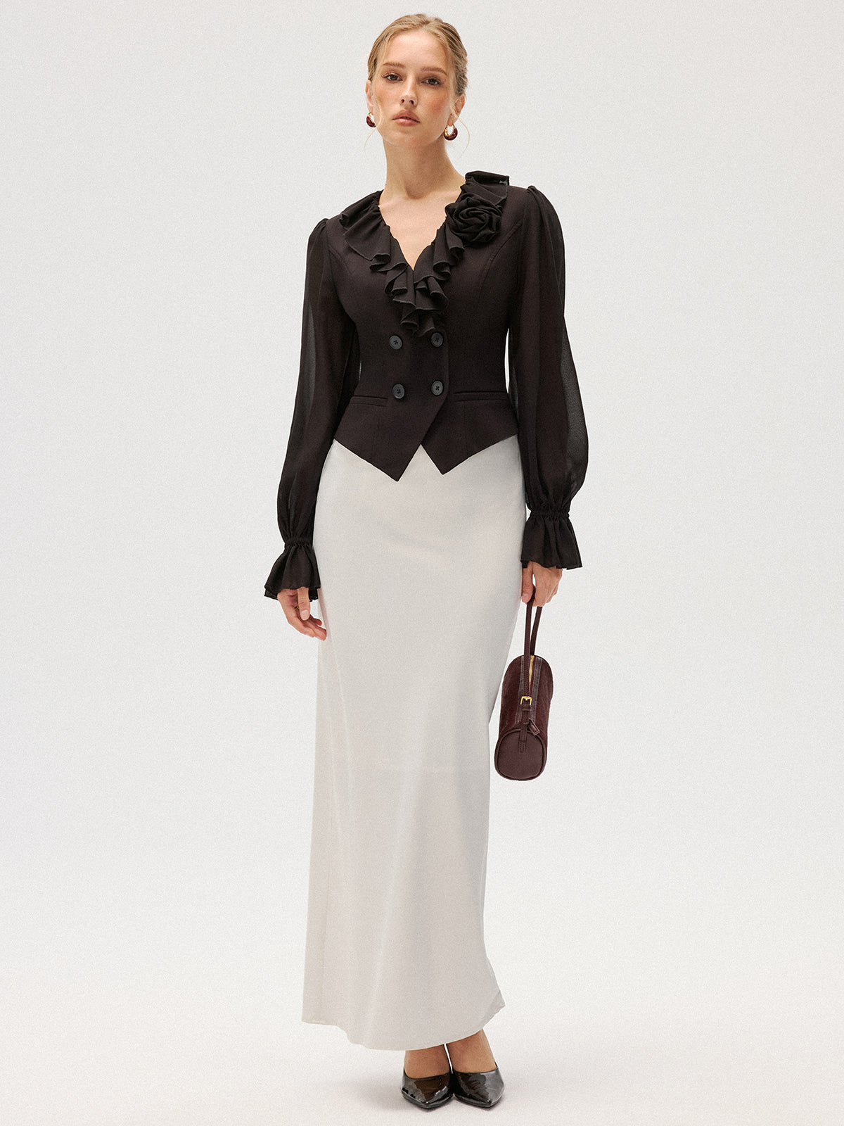 Chiffon Ruffle Rose Double-Breasted Blouse-Chicvia