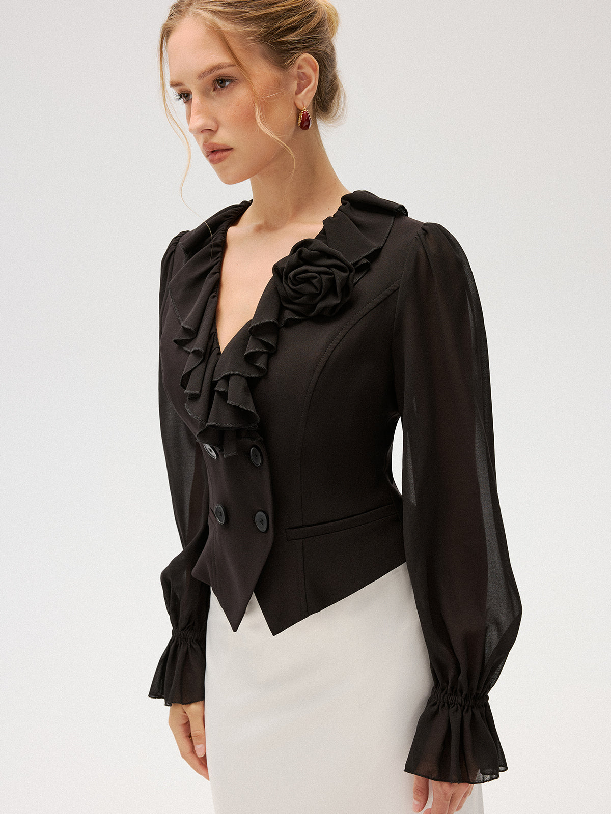 Chiffon Ruffle Rose Double-Breasted Blouse-Chicvia