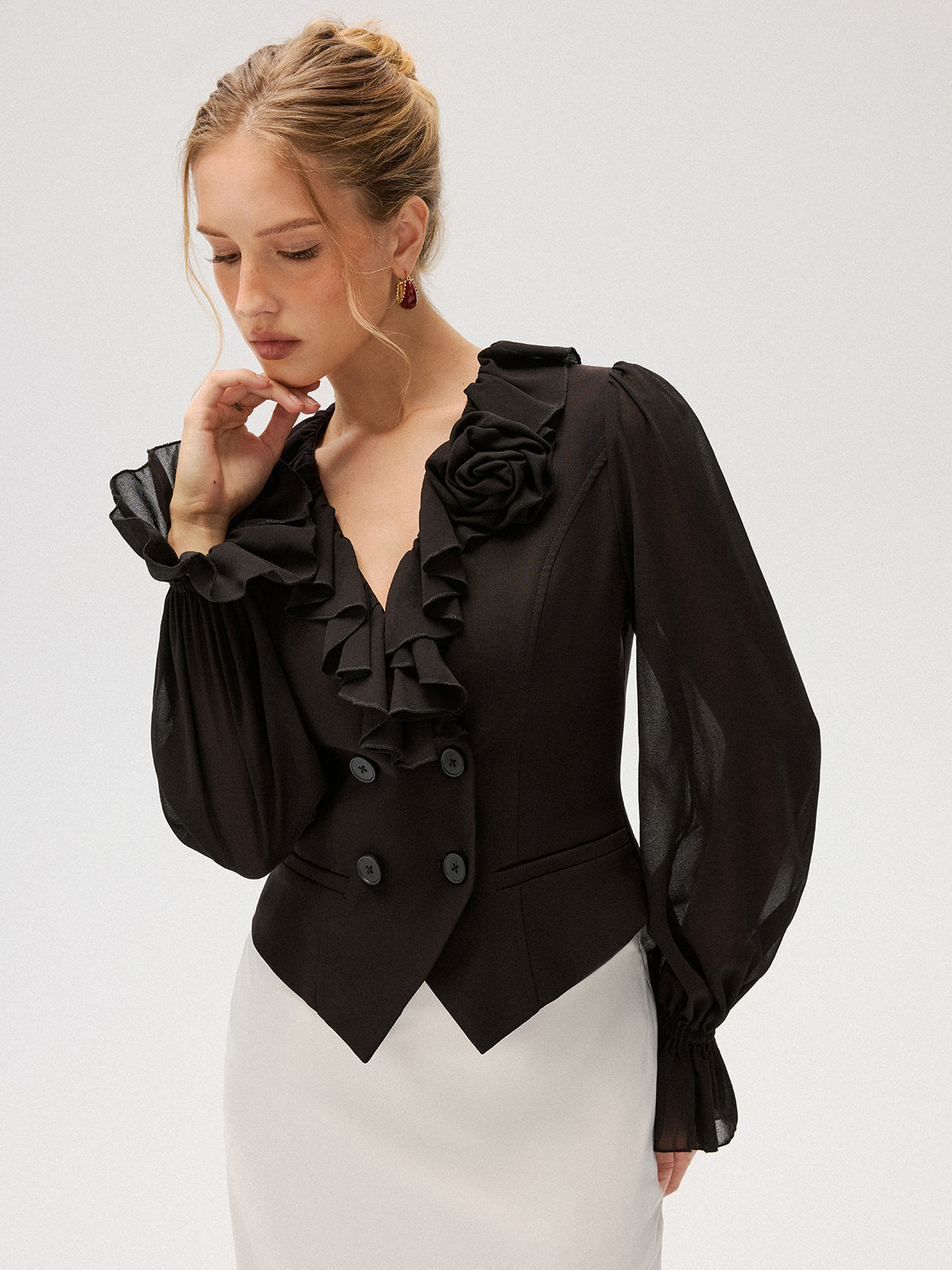 Chiffon Ruffle Rose Double-Breasted Blouse-Chicvia
